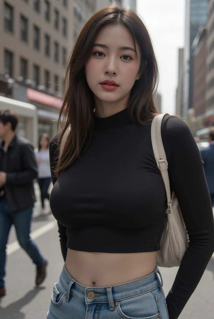 (((17 years old very cute extreme exhibitionist girl in casual clothes))), ((((brown t-shirt, Brown pants,)))), (((Large Breasts :1.2))), (((Showing belly))), (((Showing cleavage))),,((full image :0.9)), best quality, masterpiece, Ultra HD, (Reality:1.4), RAW photos, (Perfect body shape), (Slim:1.1), Dynamic poses, (((full image :0.9))), Solitary, , on the street, Deep Shadows, Unobtrusive, Cold light 12000K, Beautiful and detailed sky, Detailed Tokyo streets, Very detailed的脸部和皮肤纹理, Delicate eyes, Realistic eyes, 美丽Delicate eyes, (Realistic skin), attractive, Ultra-high resolution, Surreal, Very detailed, (?????? habit)