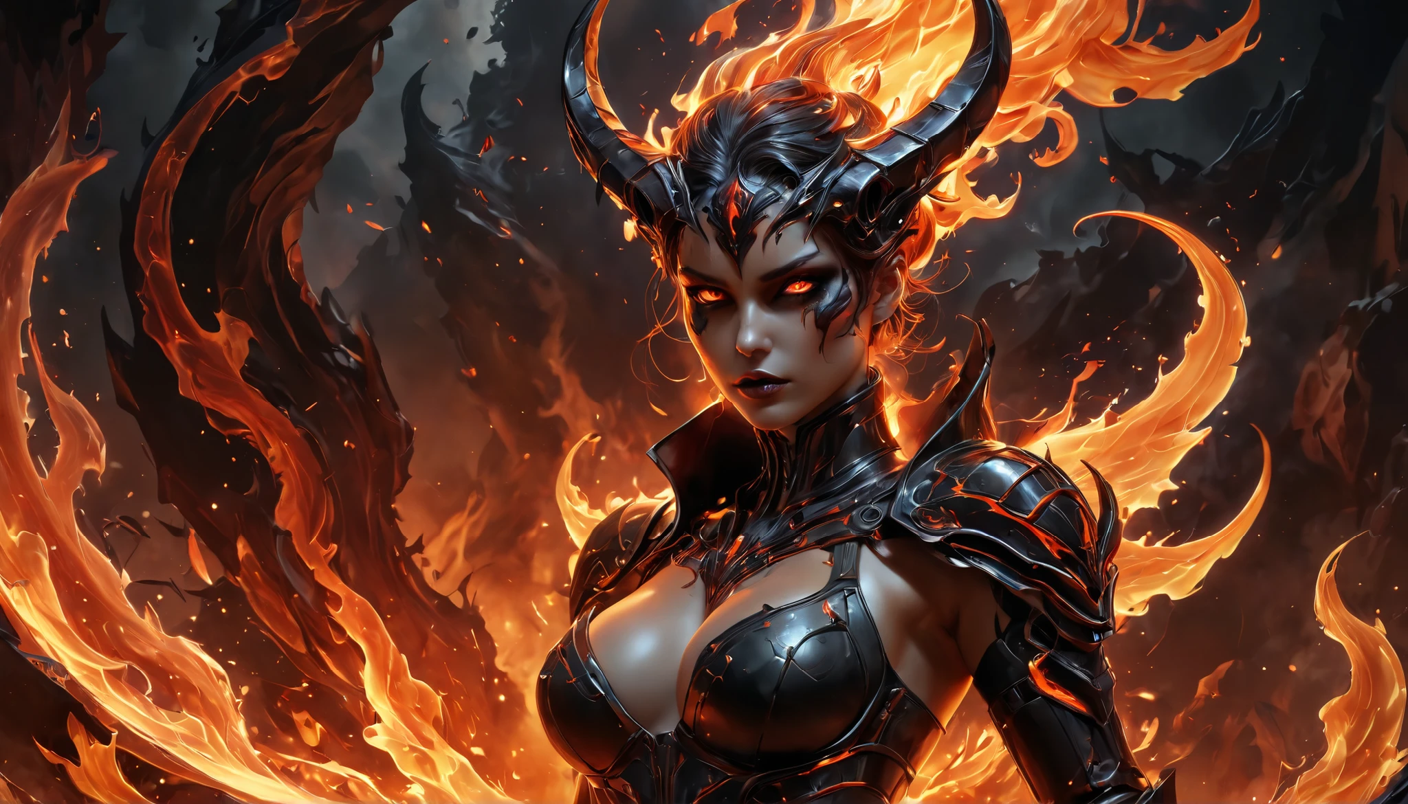 A stunning, ultra-high-definition artwork of a succubus in infernal style. The scene is rendered in 8K UHD resolution with absurd detail and cinematic lighting. The succubus features intricate, glowing flaming elements, her expression both seductive and powerful. Shot with a 50mm lens perspective for depth and clarity. The background is a surreal, fiery landscape with ethereal smoke and embers. Art inspired by Aleksi Briclot, Sandra Chevrier, and Bayard Wu. A perfect blend of fantasy, sharp focus, and masterful composition—ideal as a desktop wallpaper.