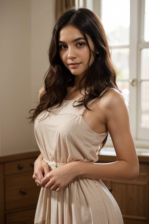 -yeld beiful cute girl, (wearing a tight short dress), she is Indian, she has black hair, medium breast, ((big ass)), view from back, looking at the viewer, full body, wide angle, cute,