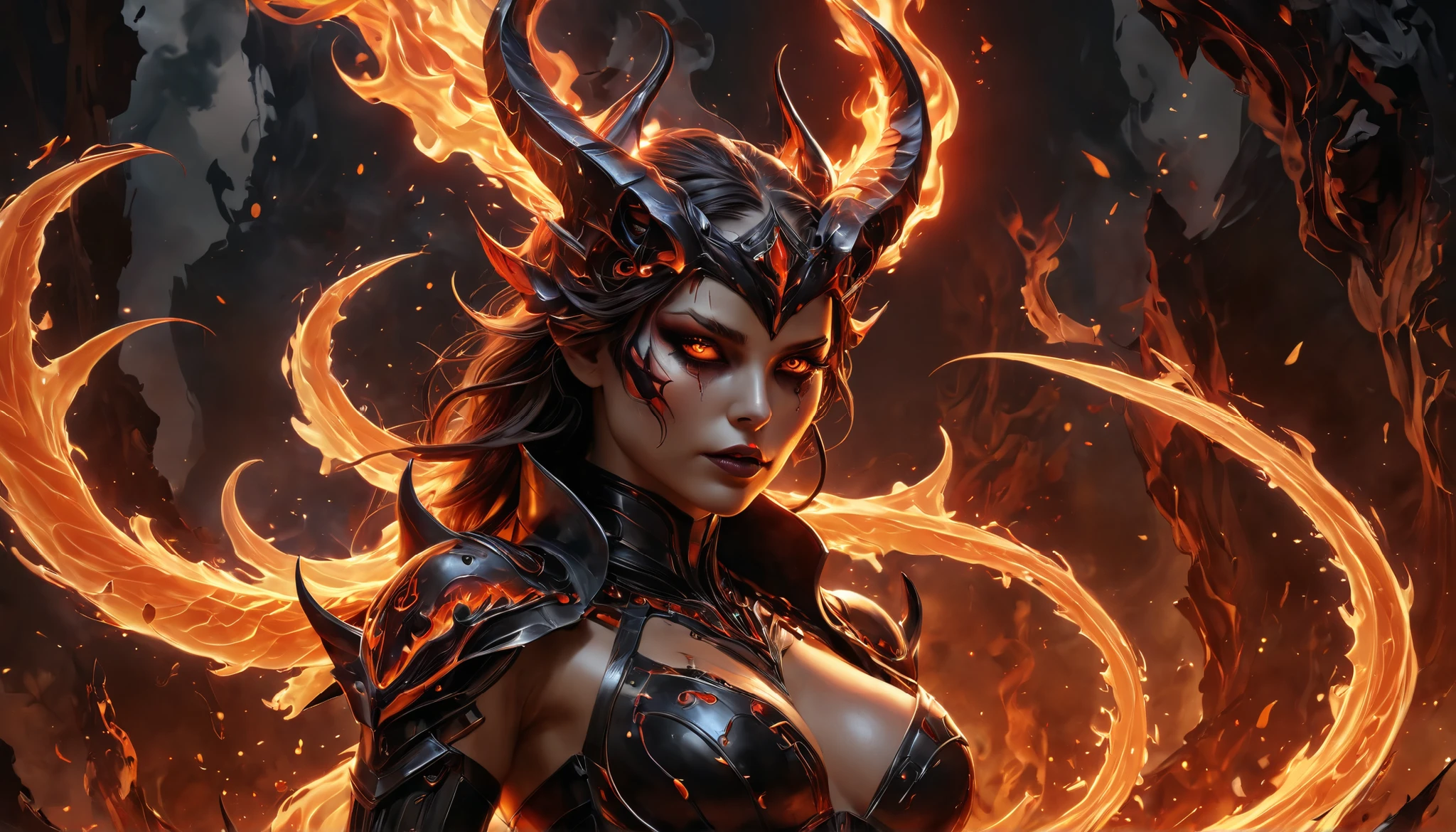 A stunning, ultra-high-definition artwork of a succubus in infernal style. The scene is rendered in 8K UHD resolution with absurd detail and cinematic lighting. The succubus features intricate, glowing flaming elements, her expression both seductive and powerful. Shot with a 50mm lens perspective for depth and clarity. The background is a surreal, fiery landscape with ethereal smoke and embers. Art inspired by Aleksi Briclot, Sandra Chevrier, and Bayard Wu. A perfect blend of fantasy, sharp focus, and masterful composition—ideal as a desktop wallpaper.