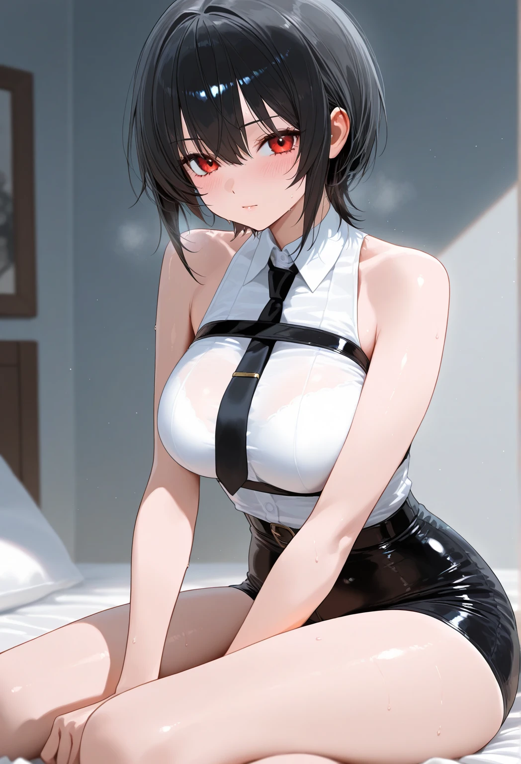 ((最high quality, High resolution, unity 8k wallpaper)), (figure:0.8), (Beautiful eyes:1.6), Highly detailed CG, Night Time, One girl, Black Hair, Large Breasts, hotel, Clear skin, (Hollow Eyes),(masterpiece), wallpaper,high resolution,(窓から夜景が見えるhotel),Intricate details, beautiful, sexly, erotic, Obscene, Noise Reduction,sensuous,Seductive pose,Cute anime face,Dog collar,high quality,Anime Style,sexuell,Shiny Hair,Expressionless,(ラブhotel:1.3,Love bed,Sit on the bed),Cleavage,Emotionless face like a mannequin,Slightly open the mouth,Medium Hair,Hands tied behind your back her back, ((Underbust)), Lying down, Wide-open legs, Elevate your legs, Kneel, Front view blowjob, Sitting on knees, Spread your thighs, Hands tied behind your back, sexlyポーズ, Kneel, eye contact with the man above her, man standing over her, (Look up at the man:1.6)、(((Black latex corset dress:1.4)))、(((Beautiful lace corset dress.)))、(((corset dress with shoulder straps)))、(((Black latex tight mini skirt:1.4))),Cat ear accessories,Show cleavage