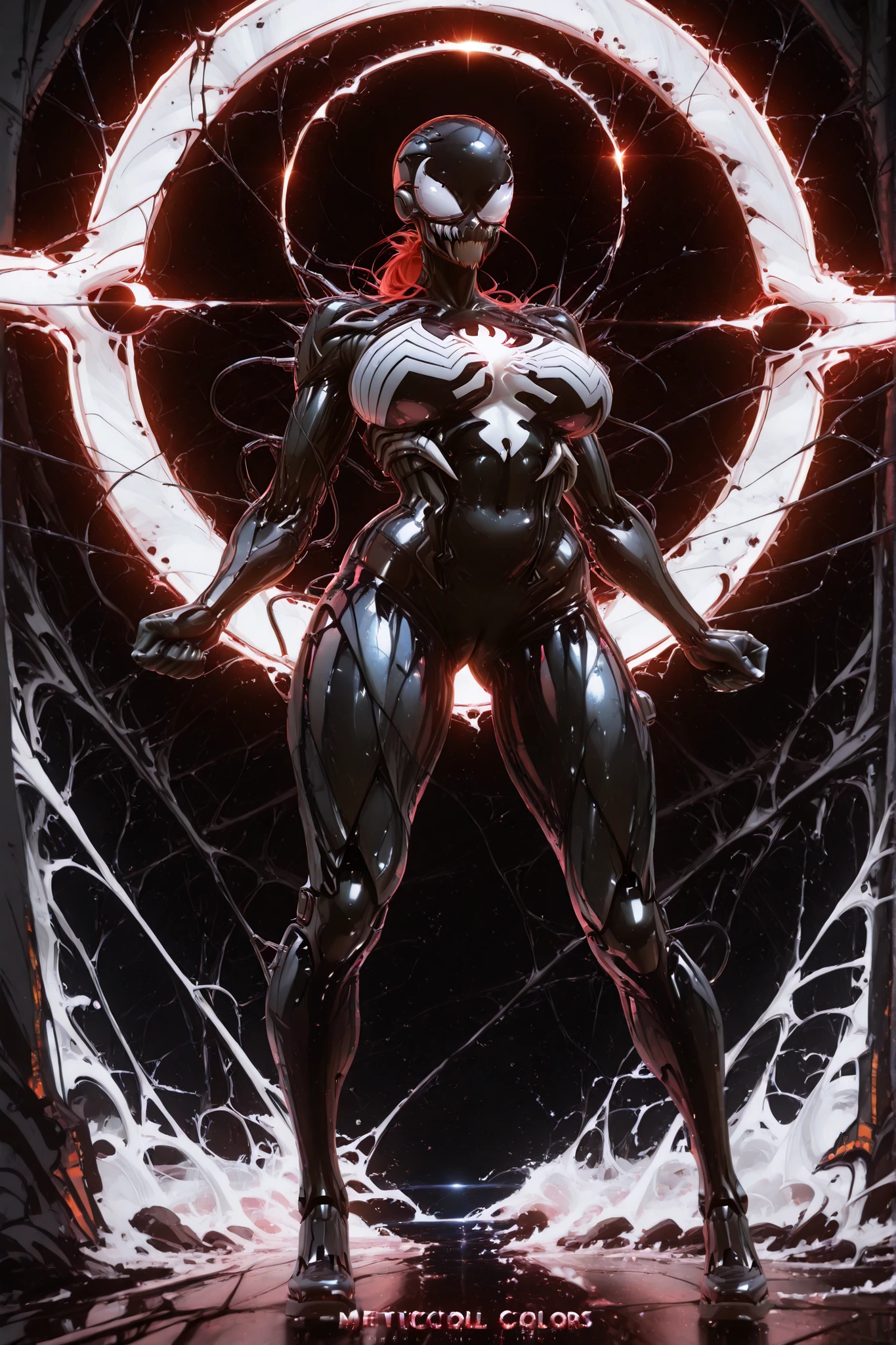 lolly girl, cyborg venom, anime image, detailed drawing, amazing quality, HDR,UHD,meticulous detail,professional photography,bright rich colors,deep sharpness,sharp focus,photorealistic text, full length view, black hole in the background, Cyborg costume