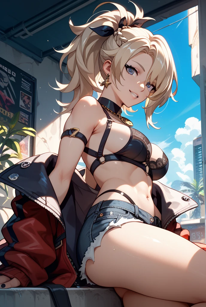 ((best quality)), ((masterpiece)), (detailed), 1girl, 8k_wallpaper, extremely detailed eyes, (large masterpiece digital art), (intricate details:1.3 ), (ultra-detailed:1.3), (sharp focus:1.3), (natural lighting:1.05), (vivid colors:1.3), (best quality:1.4), high quality, expressive eyes, full body, detailed face, beautiful face, perfect face, ((blonde hair)), (gold eyes), {{dark skin}}, ({dark skinned female}), big breasts, huge chest, outlines of nipples under clothing, powerful strong and protruding muscles of the abdomen and legs, powerful arm muscles, a cruel vulgar playful look, a vulgar predatory playful smile, an open red coat with rolled up sleeves, a translucent wet tank top, a wide red belt with a gold buckle hanging on the belt iPhone, short leather mini-shorts, large hiking backpack, she walks through a destroyed cyberpunk city late summer evening,