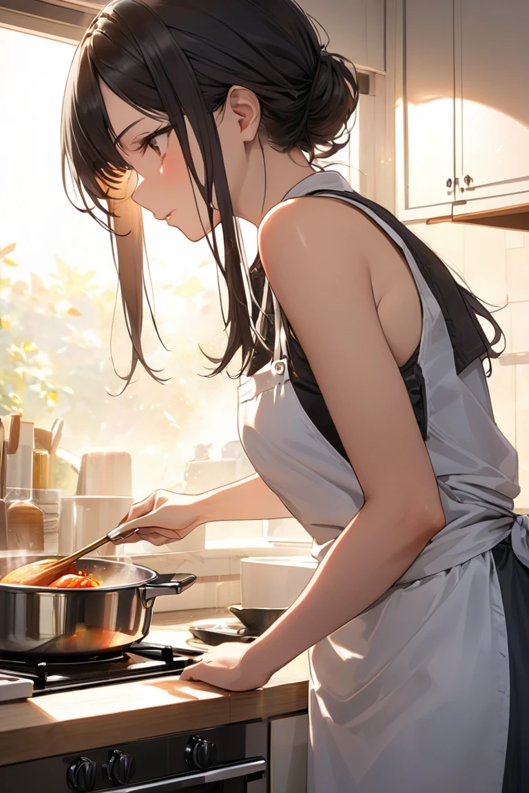 A naked woman wearing only a white kitchen apron cooking in a kitchen.