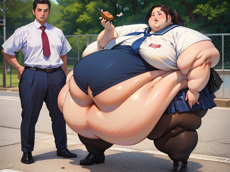 score_9, score_8_superior, score_7_superior, score_6_superior, sauce_anime, Low - Angle, From below, One girl, 1人のmaleの子, duo, big_female, small_male, size_difference, Sitting, Looking down, Look forward, obesity, ssbbw, break, She eats a lot of food, Black Hair, high school girl, Very large breasts, Very huge legs, Very huge ass, Very large body