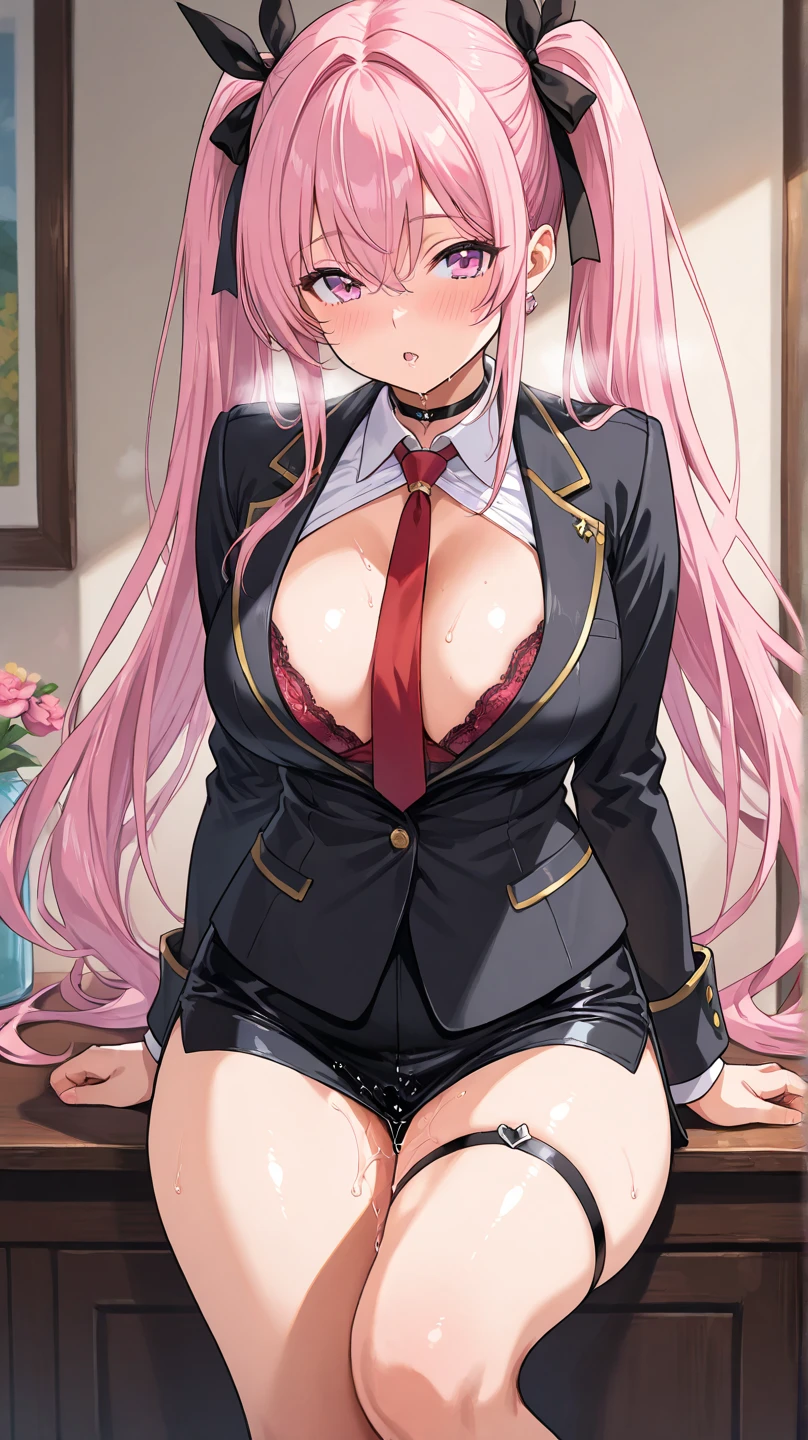 junkoenoshima,<lora:junkoenoshima-lora-nochekaiser:1>,junko enoshima,bear hair ornament,blue eyes,long hair,pink hair,twintails,evil smile,(grin:0.6),open mouth,bow,bra,choker,cleavage,fingernails,lace trim,lace-trimmed bra,long fingernails,loose necktie,nail polish,necktie,plaid,plaid skirt,pleated skirt,skirt,underwear,indoors,classroom,looking at viewer,(masterpiece:1.2),best quality,high resolution,unity 8k wallpaper,(illustration:0.8),(beautiful detailed eyes:1.6),extremely detailed face,perfect lighting,extremely detailed cg,(perfect hands:1.1),(perfect anatomy:1.1),(covered nipples:0.7),black lace panties,solo focus,1girl,window,tree,groin,arms behind back,cameltoe,