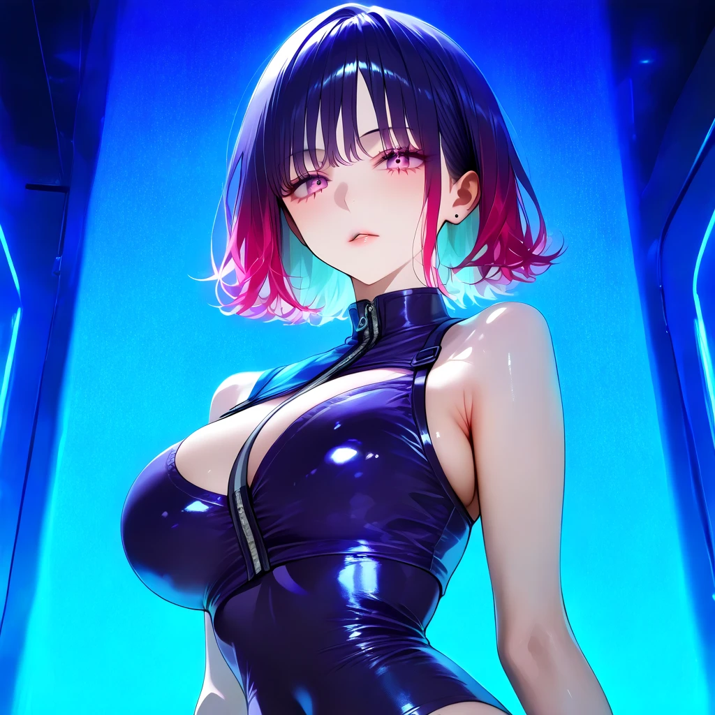 solo girl,Glossy metalic light silver tank top, latex shiny, Red interpolation color,Black hair bob,Japanese,full bodyesbian、A sexy
