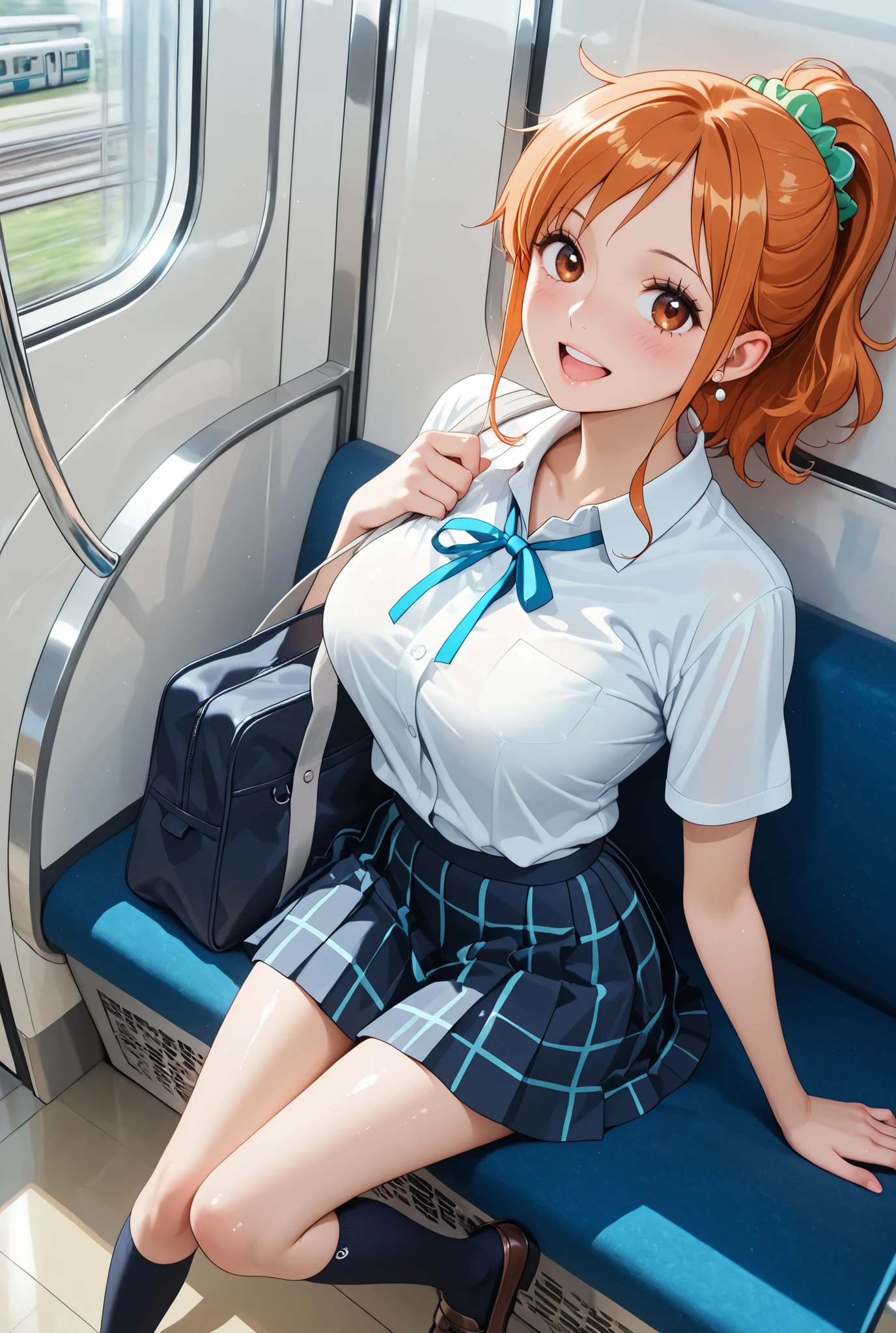 debris flieasterpiece、highest quality、Super detailed、High resolution、High resolution、8K portrait、Unity 8k壁紙のHigh resolutionCG、unity 8k wallpaper、cute:1.5、:1.5、Highly detailed CG unity 8k wallpaper、realistic、real person、cute、 portrait photography、shiny skin、High resolution、Orange Bob Hair、(16 years old:1.2)、(1 girl)、(Inside the train:1.6)、(school uniform),perfect face, seriously, (blush:1.5),(((clothing lift:1.5))), (medium chest:0.8),(((I have nipples))), Detailed description vagina,show vagina,spread legs,spread ,((vaginal orgasm:1.5)),,((spread legs:1.2)),(pussy:1.5),((green ribbon:1.2))