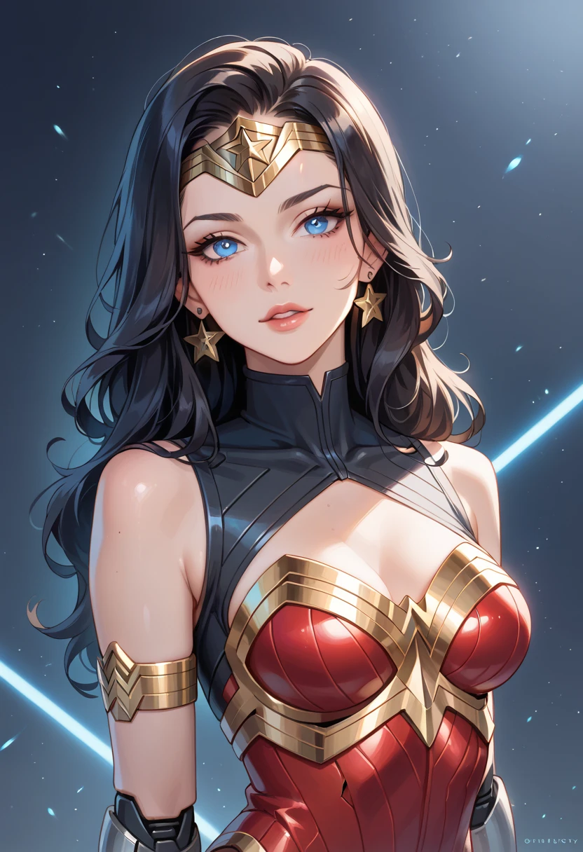 Close-up of a woman in erotic clothing and a group of aliens, james jean soft light 4k, adequate : :, Decorative Arts, Portrait of Wonder Woman, Inspired by Noriyoshi Oi,Mechanized female soldier, In the bathroom : :