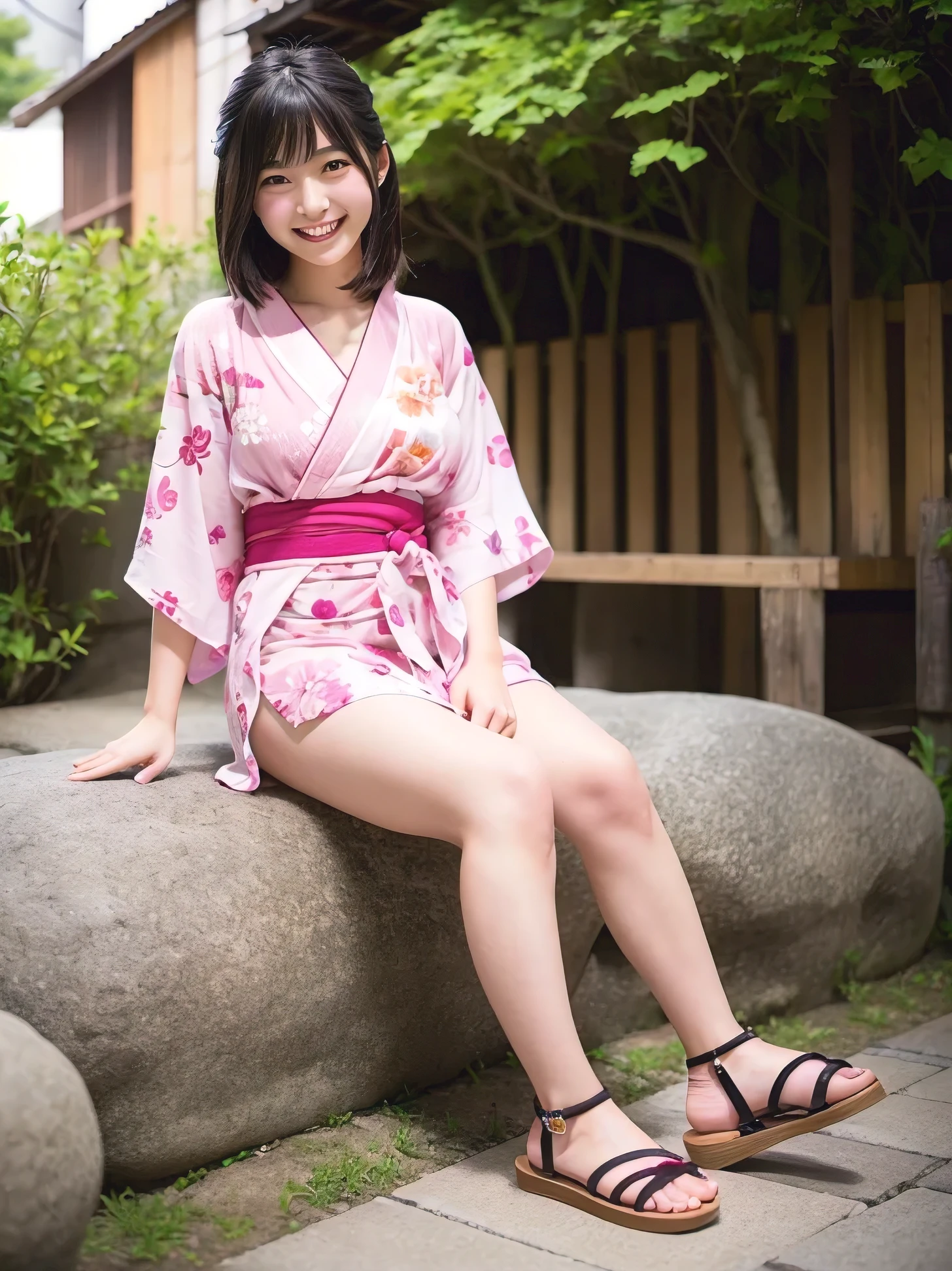 Pure Japanese kimono girl, outstanding body, beautiful legs, wearing traditional kimono, traditional hairstyles, sweet smile, sitting, refreshing in early summer, composition from the front, 