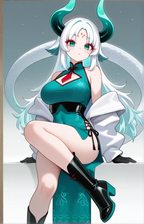 (My little pony), anthro, ((turquoise to white hair gradient)), white body, red eyes, medium breasts, red lips, perfect lines, beautiful quality, room, very shy, ((red magic uniform)), radiant light, red stockings, white panties, cameltoe