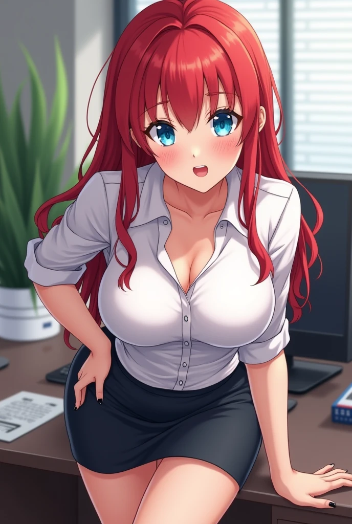 masterpiece, best quality, highres, best quality, highres, rias gremory, 1girl, long hair, school uniform, red hair, ahoge, blue eyes, large breasts, very long hair, breasts, skirt, huge ahoge, socks, sitting, office, chair, desk, computer,