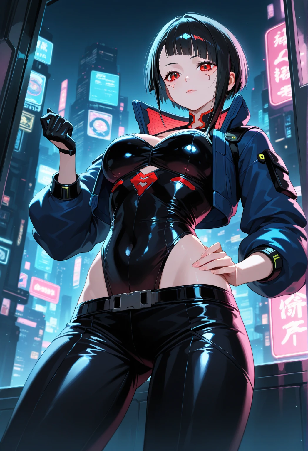 Draw Lori's action scenes set in a futuristic city with high-quality AI-powered illustrations. The scene is night, with city buildings towering high. In the center, a highway runs, and the lights of flowing cars glitter. The main character is a cyberpunk loli in a stylish suit. Lori is running up the wall while performing stealth action. Lori's hair glows blue with short cuts and she covers her eyes with sunglasses. In his hands he holds a futuristic weapon. The background is full of neon glows and futuristic technology