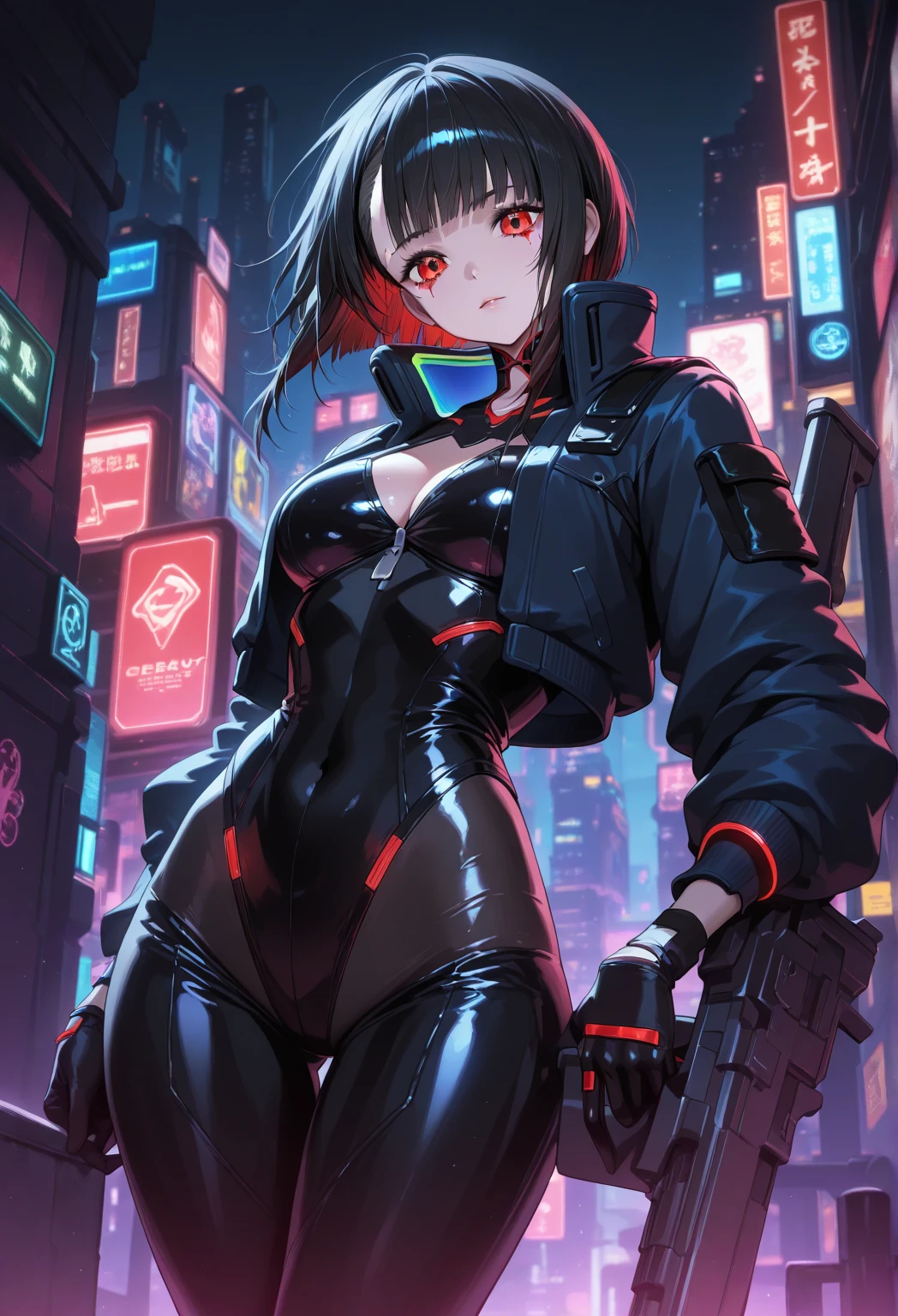 anime girl in black latex posing on the street, girl in latex, cute cyborg girl, cyberpunk anime girl mech, perfect anime woman, female cyberpunk anime girl, anime cyberpunk art, oppai cyberpunk, wearing latex, biomechanical oppai, digital cyberpunk anime art, black shiny latex, visible armpits