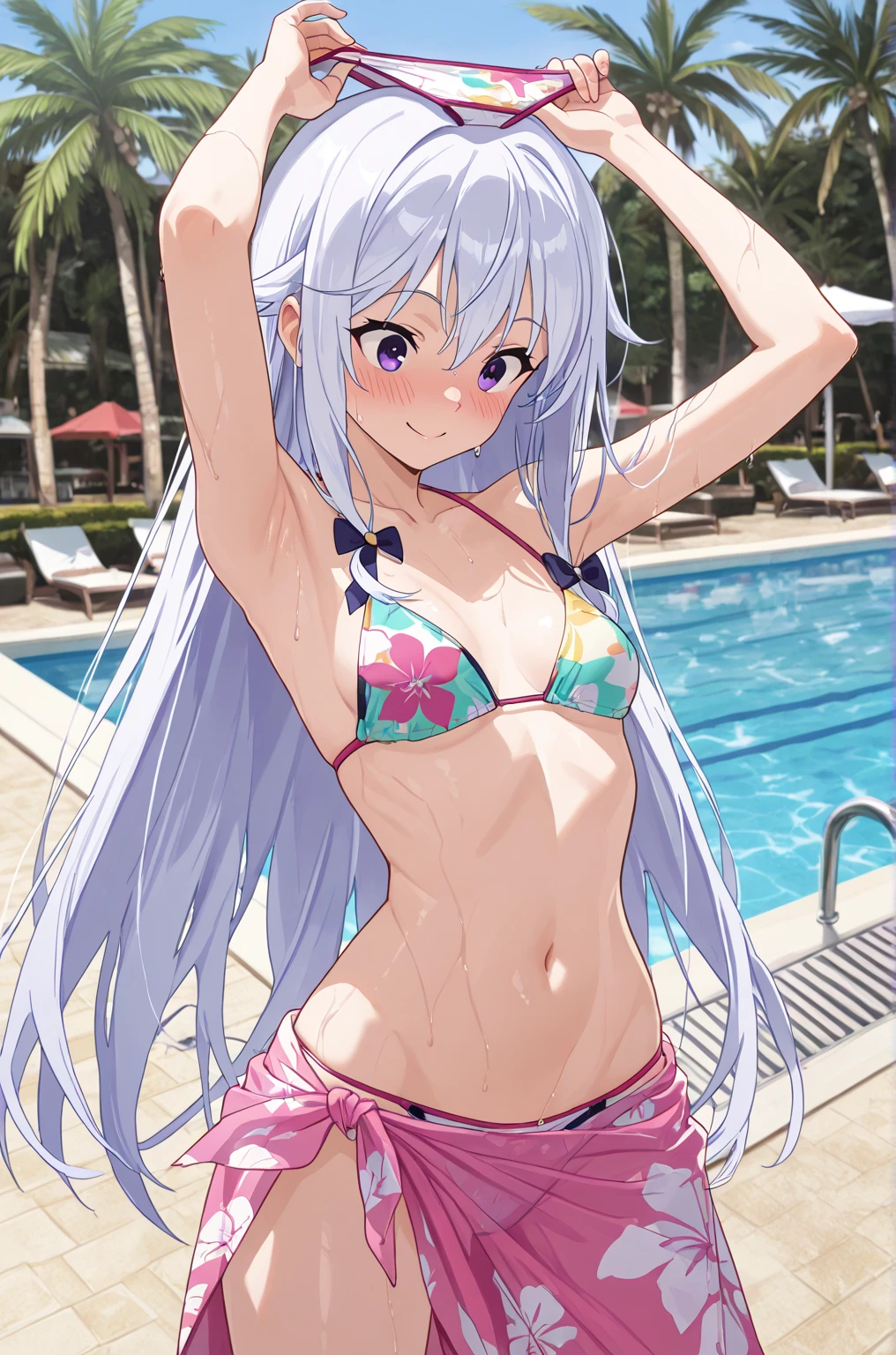 (masterpiece: 1.6, Best Quality), (fine beautiful eyes: 1.2), ph_rapid eye movement, remhd, 1 girl, For the blue, Alone, blue eyes, maid, Mar, Bay, light, tree, Ola, Raise your arms, Micro bikini, swimsuit