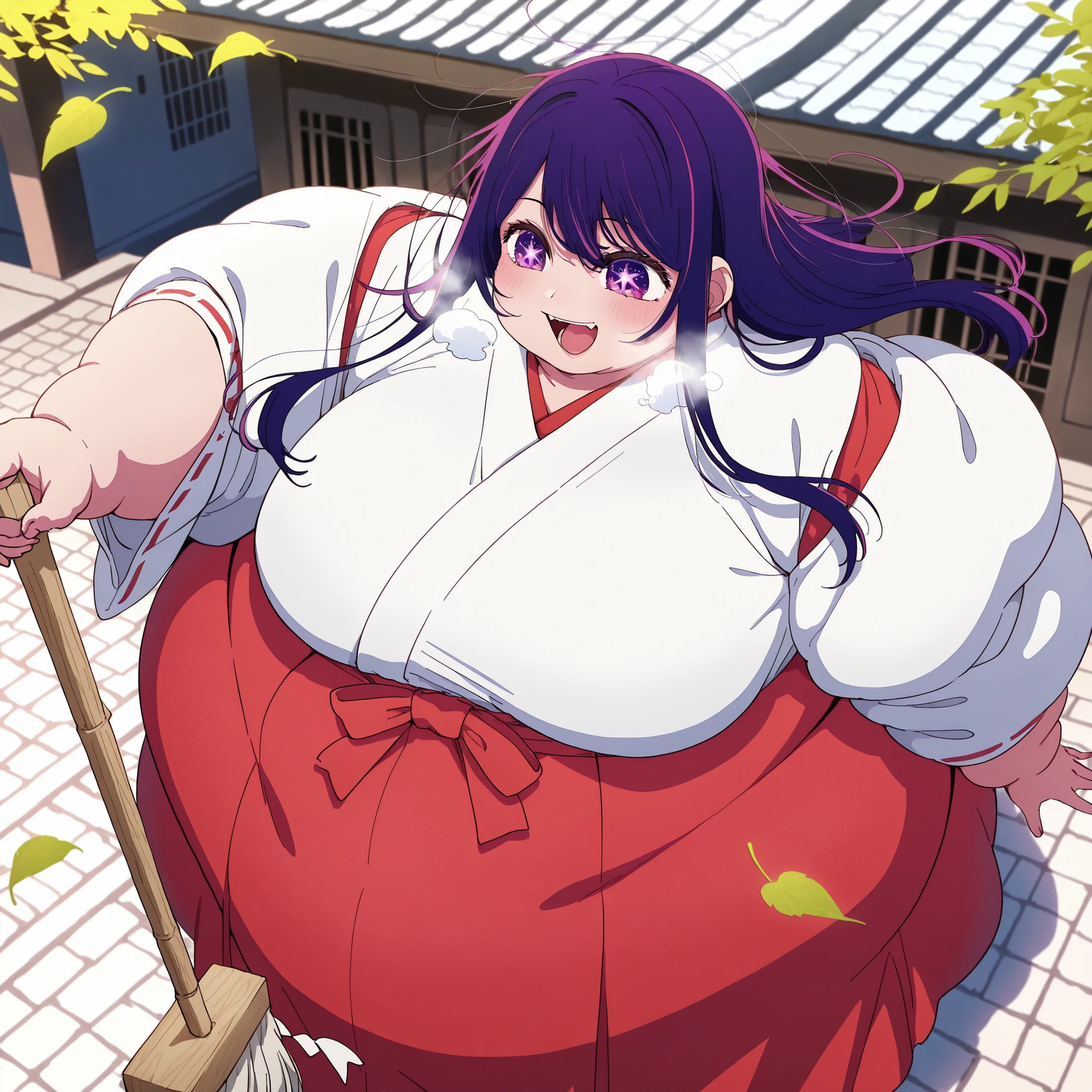 alone, 1 girl, Hoshino Ai, long hair, purple hair, purple eyes, White starry eyes, Medium-Chested, Wearing a miko costume, Stand sweeping leaves, smile, temple courtyard background, high-angle image fat, chubby, obese, gigantic arms and legs, large breasts open mouth, out of breath