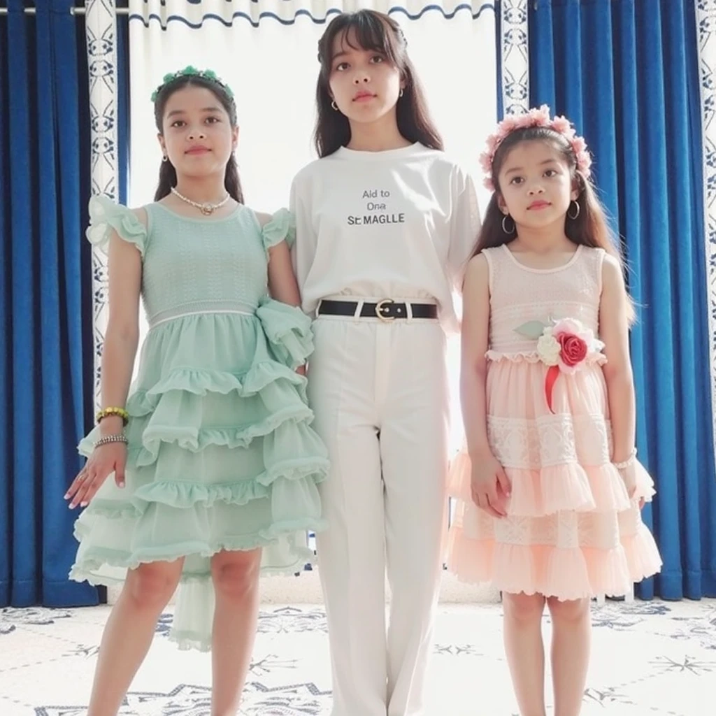 um dia ensolarado，On the lawn，A group of small child models，Walk the catwalk on a white carpet，Stylish clothes，Happy laughter