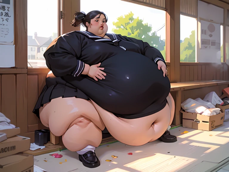 (masterpiece, detailed, realistic:1.3), young korean woman, USSBBW, (morbidly obese, fatblob:1.5), (detailed face, beautiful face), (guilty expression:1.3), high aesthetic, student, tight skimpy undersized clothes, sitting at desk, surrounded by junk food