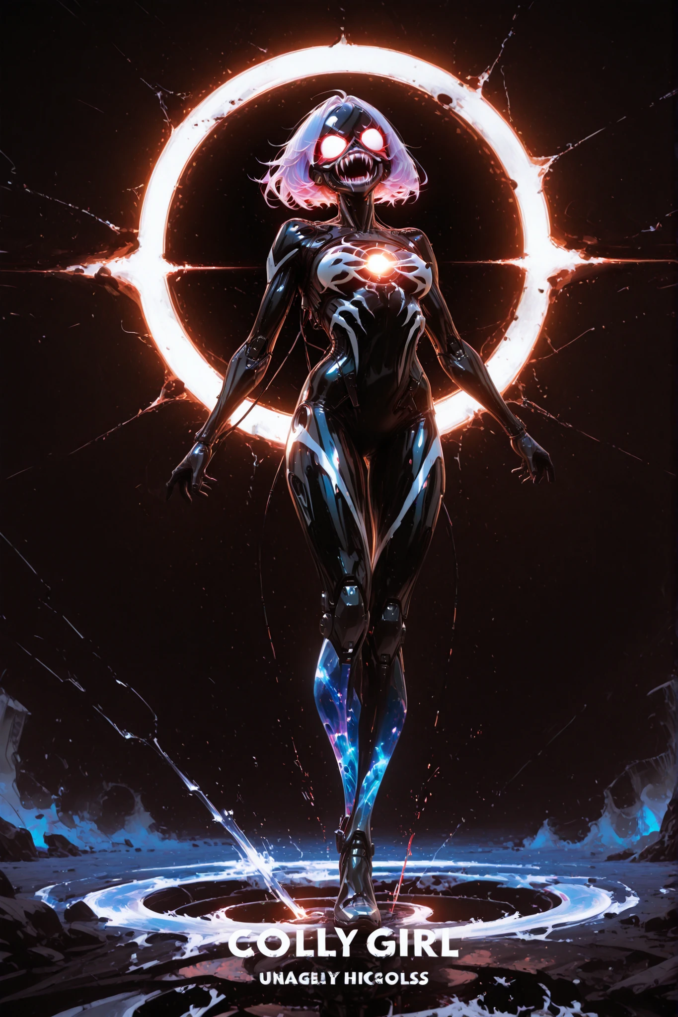 lolly girl, cyborg venom, anime image, detailed drawing, amazing quality, HDR,UHD,careful detail,professional photography,bright rich colors,deep sharpness,sharp focus,photorealistic text, full length view, black hole in the background, Cyborg costume