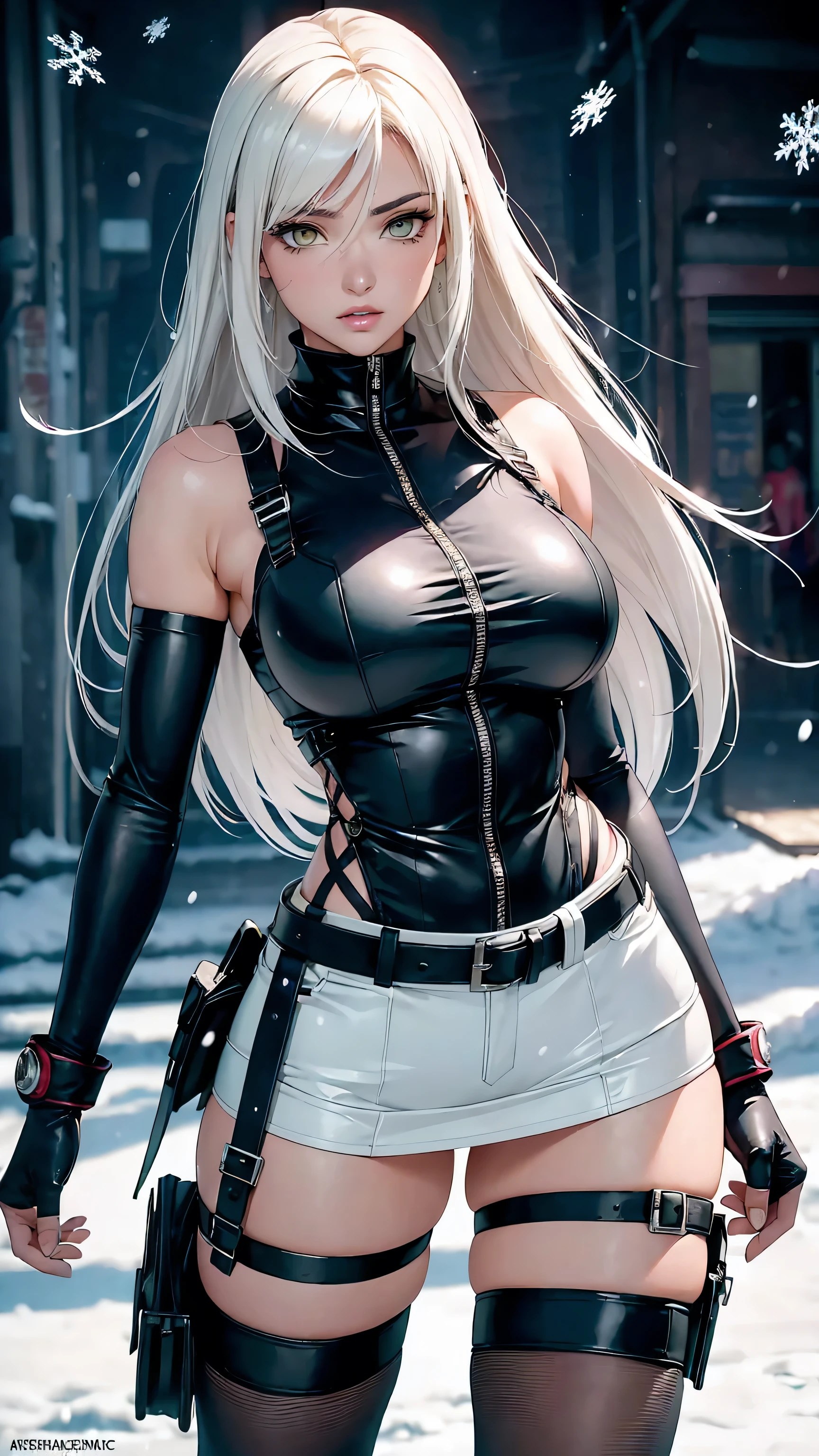 (highest quality, 8k, High resolution, realistic:2.0), (((alone, one girl:2.0))),(lit: front),(lit: strong),(ultimate beautiful girl:2.0),(shiny skin),(oily skin),(platinum blonde hair:1.3),(straight long hair:2.0),blush brown makeup , dark eye makeup , use pink glossy lipstick,(girl with big beady eyes:1.5),((round face, smile, big breasts,big ass))、flushed complexion、(sexy pose)、((snowy winter outdoors))、(anatomically correct)、(perfect body proportions)、 ((perfect hands))、 (((perfect fingers)))、(oily skin:1.5)、