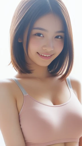 (highest quality)), ((masterpiece)), (become familiar with), perfect face、16 years old、thin、well-shaped bust、firm big breasts、short bob、beautiful feet、Big eyes、shiny appearance、hot pants、small face、smile、Filmography、Bedside、long face、thin eyebrows、beautiful breasts、small areola、white skin、Wearing underwear