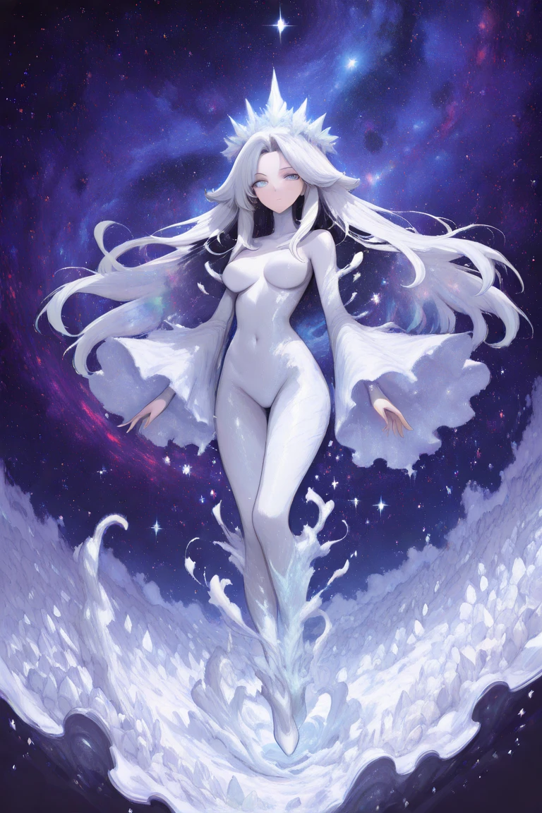 ((masterpiece)) a mature woman with full pale lips and glowing ice eyes with snowflakes in them, iridescent blunt bangs and long floating hair, bioluminescent transparent clothing, ethereal atmosphere, delicate face, wide variety of pastel shades, realistic, surrounded by bubbles and holographic stars, petals, glittering
