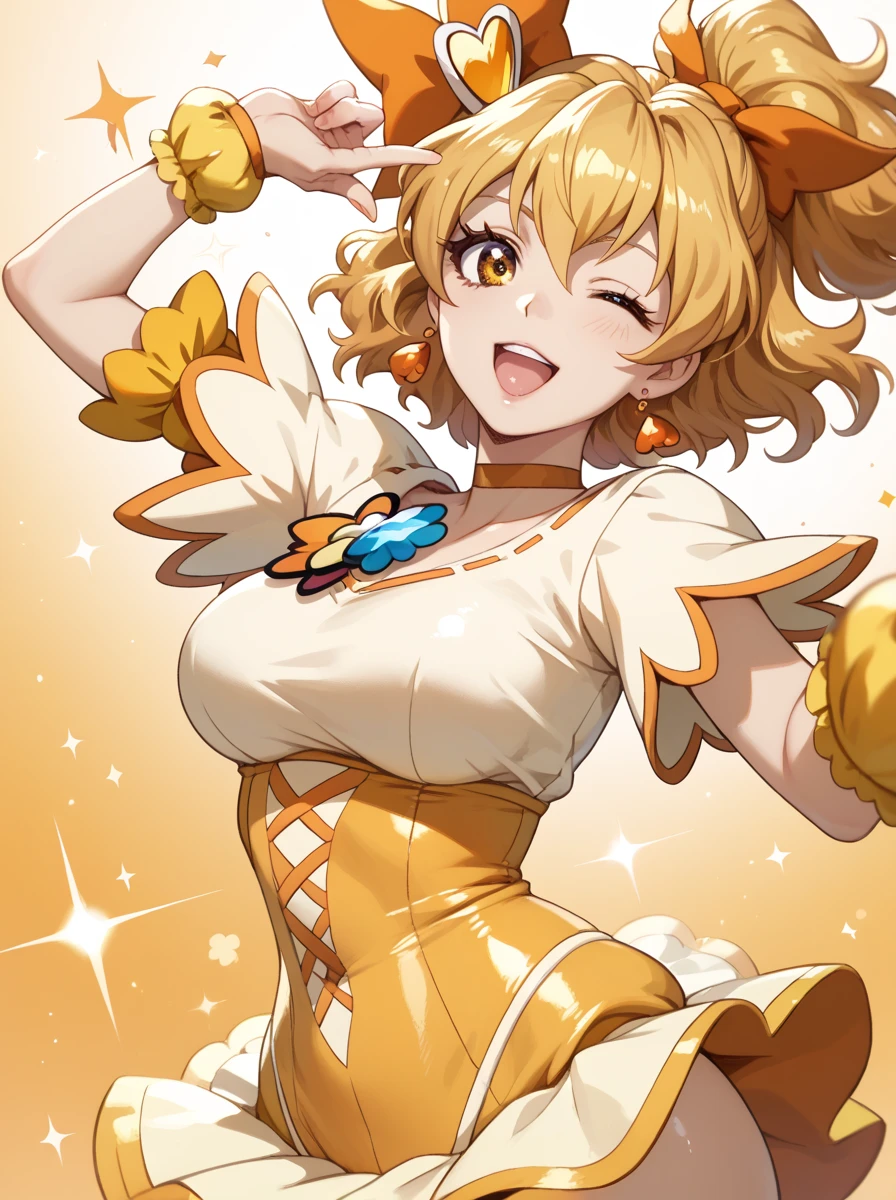 Huge boobㄴ, 1girl,smile, long nipple, small one white flower in head,side bun hair,brown eye,bangs,yellow hair,magic girl clothe,whole body,white background,short hair, sexpose