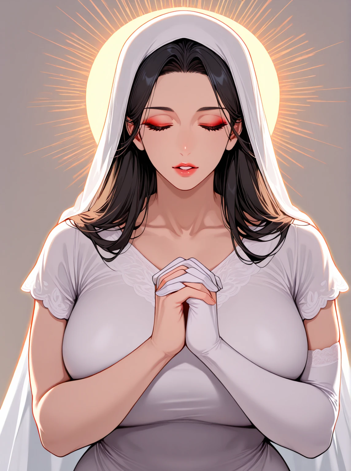 20 years,1 mature woman,hyperrealistic, 8 k, (extremely detailed 8 k), (very gentle and beautiful), (masterpiece), (better quality:1.0), (Ultra high resolution:1.0), (masterpiece, Best quality),Cute,black hair,cowboy shot,White background,realistic skin,hands together, pray,,inexpressive,hime cut,black nail,Very long hair,a nun