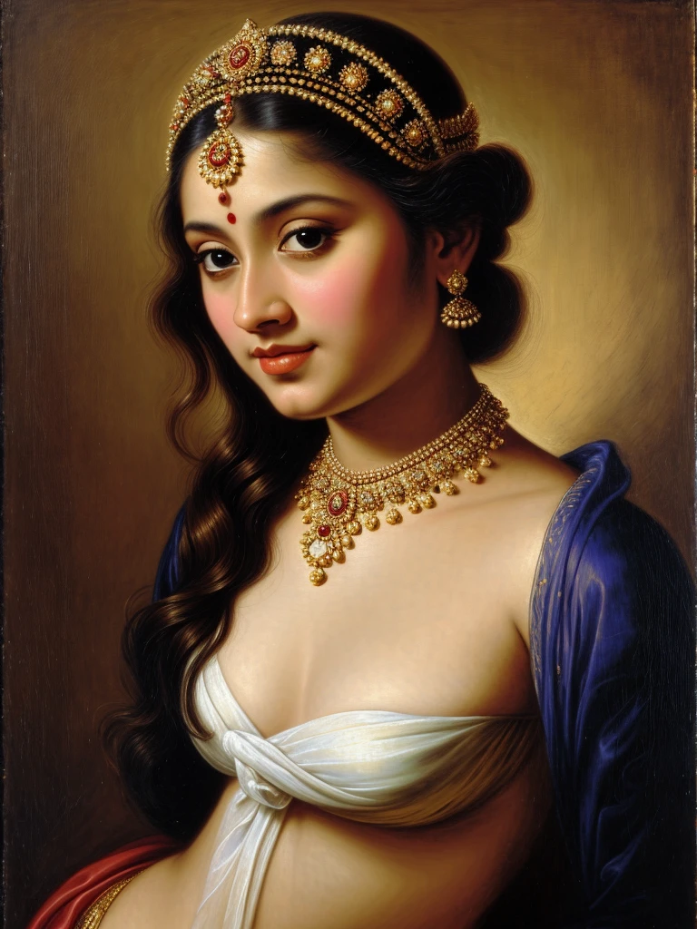 Best quality, highly detailed, masterpiece, Indian nude princess, Rajkanya, royal clothes, Masterpiece, extremely gorgeous woman, matchless Beauty, portrait, Peter Paul Rubens style, Woman, middle ages, classicism, andrey atroshenko style, painting, long hair, styled hair, big naked breast , Hot pink nipple , traditional media, realistic, figurative, oil on canvas, HDR, 8K, original character, high resolution, high detail, focus on the face, intricate, flawless, fluffy hair, Peter Paul Rubens style, By Peter Paul Rubens, sharp picture, avoid crown or mukut in picture,
