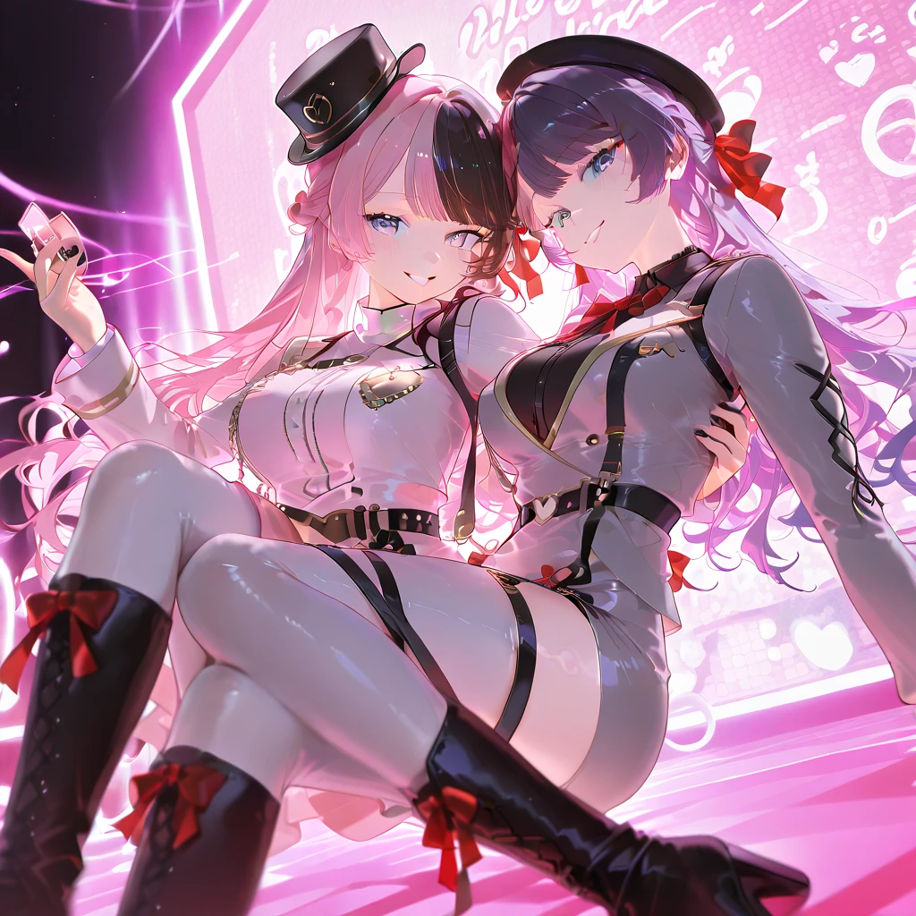 ((Masterpiece)), best quality, absurderes, ultra detailed, super beautiful twins with beautiful Heterochromia eyes and beautiful multicolored hair, high ponytail, nice and sexy body, wearing mafia suits , full body, sexy pose, flirting with viewer, 1 sitting on a chair and the other standing next to it holding a tommy gun