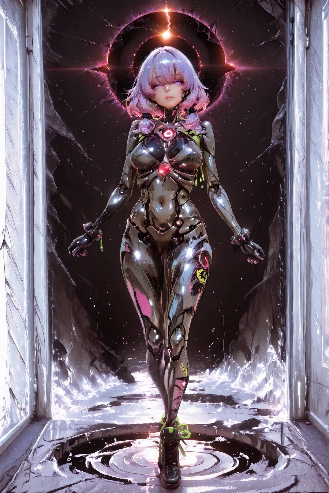 lolly girl, Cyborg , anime image, detailed drawing, amazing quality, HDR,UHD,careful detail,professional photography,bright rich colors,deep sharpness,sharp focus,photorealistic text, full length view, black hole in the background, костюм Cyborgа
