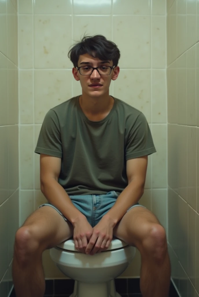 Teenage man with hair peeing in a bathroom