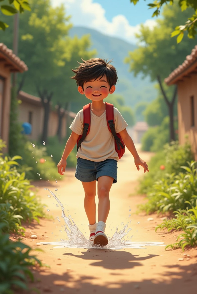 Cartoon children, a boy with a backpack on his shoulders, strolls casualty along the bustling street, surrounded by colorful buildings and playful chalk drawings on the pavement. The sun casts a warm, golden glow over the scene as he hums a cheerful tune to himself, occasionally stopping to admire an ice cream cart or peer curiously into a shop window. Passing by, other cartoon children wave and call greetings, their laughter adding to the lively atmosphere. Every now and then, the boy's eyes wander up to the clear blue sky, where birds fly freely and the odd cloud shapes shift and dance in the gentle breeze. The simple joys of childhood are beautifully