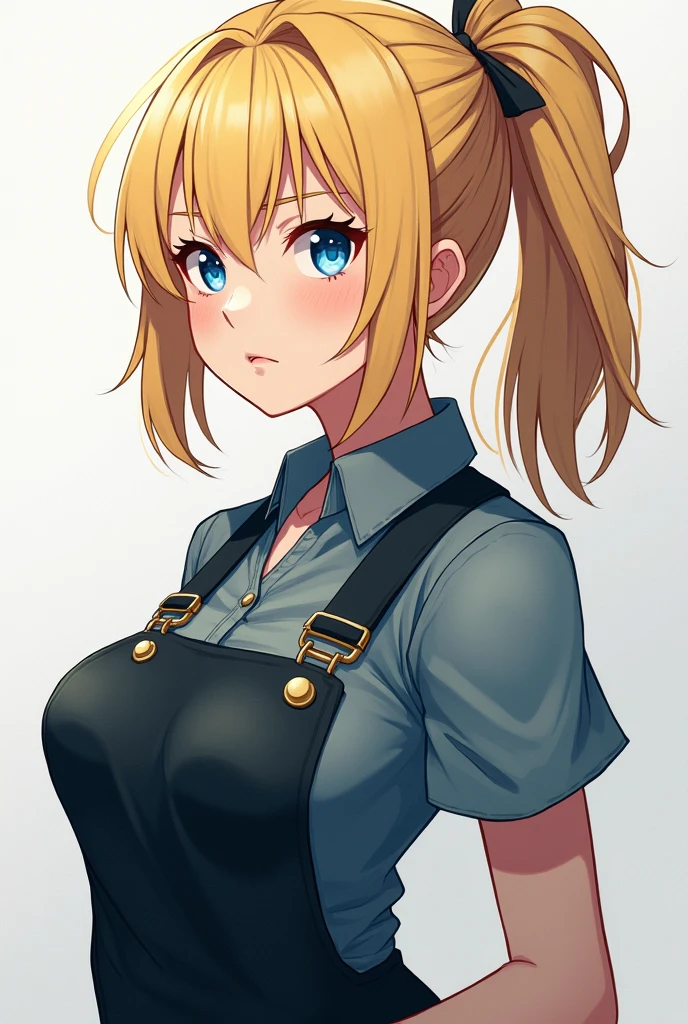 planting crops in farm, farming, ((prison farm)), outdoors, solo focus, blonde hair, long hair, ponytail, ((blue long jeans)), ((blue button shirt)), ((black belt)), ((tucked in shirt)), bangs, breasts, blush, closed mouth, collarbone, tattoo on hands, tattoo on body