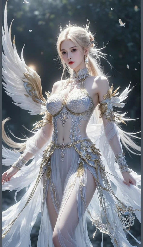 (masterpiece, top quality, best quality, official art, beautiful and aesthetic:1.2), (1 man- Seraphim), extreme detailed,(fractal art:1.3),colorful,highest detailed. (platinum fluffy hair down to the middle of the neck, scars on the face in the middle and lip, heterochromia)