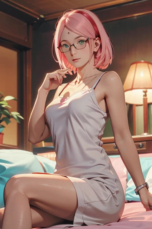 (ddlcnatsuki, fang, hair ornament, pink hair, purple eyes, short hair, thin strands of hair, x hair ornament), standing in bedroom, getting dressed, white t-shirt, wearing an oversized shirt, shirt is stretched over one shoulder, bra underneath shirt with one brastrap visible, adjusting pants, soaking wet hair, drenched shirt, damp skin, messy hair, sagging shirt, panty strap visible above pants,