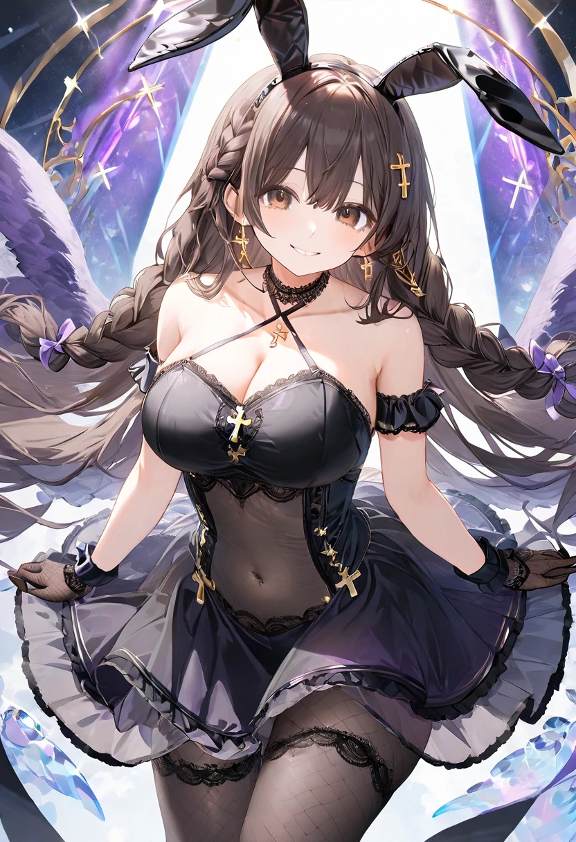 Japanimation, eroge, 35 mm, Incredibly hyper-detailed and intricately realistic, full body character, Adult, Beautiful, Female, Perfect, Half sider, Long Black Hair, Black eyes, Elegant leotard, flower in hair, Detailed face, White skin, Mature facial features of female Nordica, Garden background, Cover art, zoomout, Choker, hyper detailed painting, luminism, Bar lighting, with an intricate, 4k resolution concept art portrait, extremely high level illustration, 16k, extremely high level illustration, absurd resolution, absurd detailed, f1.4/50mm, an extremely beautiful girl, extremely and highly detailed beautiful face and eyes, look of nobility and dignity,soft and warm lighting, an beautiful detailed girl, (((masterpiece))), best quality, extremely detailed, fantasy scene, fantasy composition, fantasy lighting, beautiful detailed glow, {beautiful detailed eyes}, flower, white flower, looking at viewer, breasts, dress, hair ornament, hair over one eye, long hair, odd eye, red eye, yellow eye, petals, black flower, a rose girl, blue rose, bouquet, cleavage, falling leaves, falling petals, glint, gloves, high heels, leaves in wind, petals on liquid, rose, rose petals, shards, sparkle, thighhighs, black hair, butterfly, daisy, flower (symbol), lily (flower), lily pad, lotus, medium breasts, snowflakes, star (symbol), very long hair, white butterfly, white rose, a flower girl, feathers, white legwear, black rose, navel, single wing, angel, angel wings, asymmetrical wings, black wings, cross, feathered wings, halo, heterochromia, multiple wings, spread wings, wings, jewelry, girl, aurora, constellation, galaxy, gauntlets, light particles, milky way, night, night sky, shooting star, sky, starry sky, starry sky print, boots, leotard, a full body girl, floating hair, polearm, white hair, panties, a groin girl, bird wings, black feathers, harpy, winged arms, city lights, cloud, midriff, black nails, blush, feather trim, head wings, large wings, multicolored wings, nai