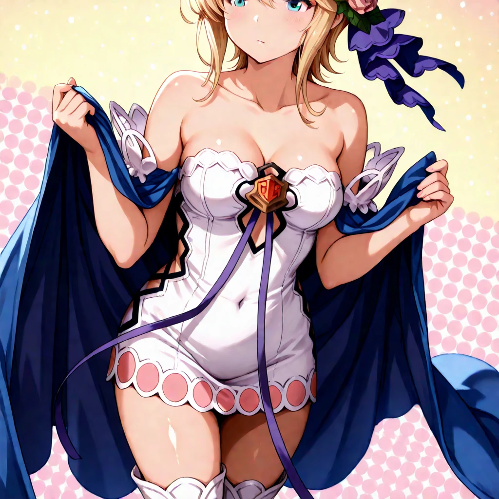 (ultra-detailed),europa,gbf,granblue fantasy,light blonde hair,short hair,long sideburns,long sidelocks,very long straggling hair,bright blue eyes,pupillary,eyebrows,lashes,collarbone line,bare shoulders,medium breasts,cleavage,navel covered dress,thighhighs,tiara,Multiple flower hair ornaments,white dress,strapless short dress,vines,blue ribbon,blue cape,Long purple ribbon and stole,Pink polka dots,White tight long boots,(masterpiece),(best quality),high score,highres,incredibly absurdres,anime screencap,pastel colors,anime,shiny skin,Balanced upper and lower body structure,,(ultra-detailed),europa,gbf,granblue fantasy,light blonde hair,short hair,long sideburns,long sidelocks,very long straggling hair,bright blue eyes,pupillary,eyebrows,lashes,collarbone line,bare shoulders,medium breasts,cleavage,navel covered dress,thighhighs,tiara,Multiple flower hair ornaments,white dress,strapless short dress,vines,blue ribbon,blue cape,Long purple ribbon and stole,Pink polka dots,White tight long boots,(masterpiece),(best quality),high score,highres,incredibly absurdres,anime screencap,pastel colors,anime,shiny skin,Balanced upper and lower body structure,((sfw)),
(1girl,solo,fullbody,no background)
lifting the skirt and spinning around.