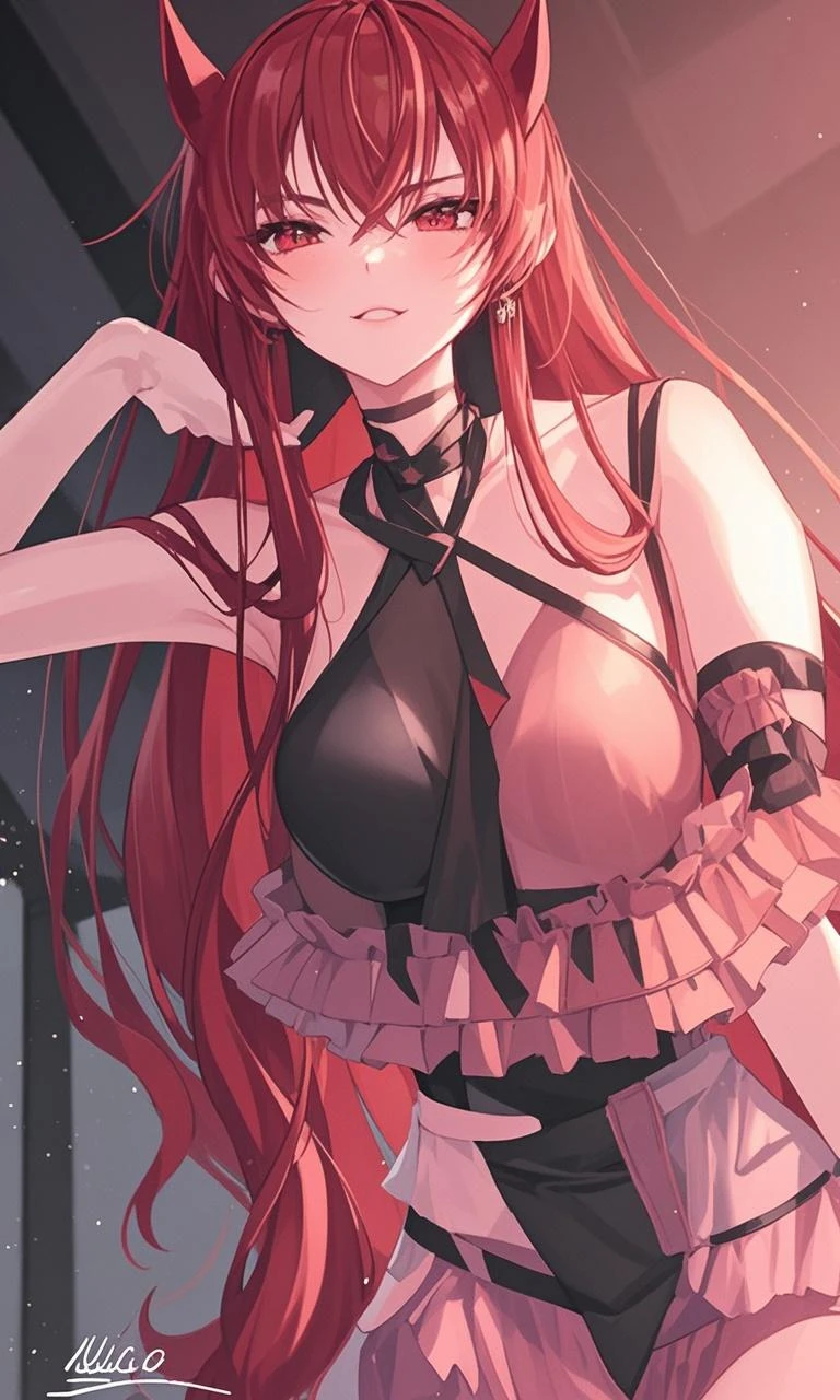 An anime girl with red hair and blue eyes wearing a skirt and an open shirt revealing a black and red lace bra