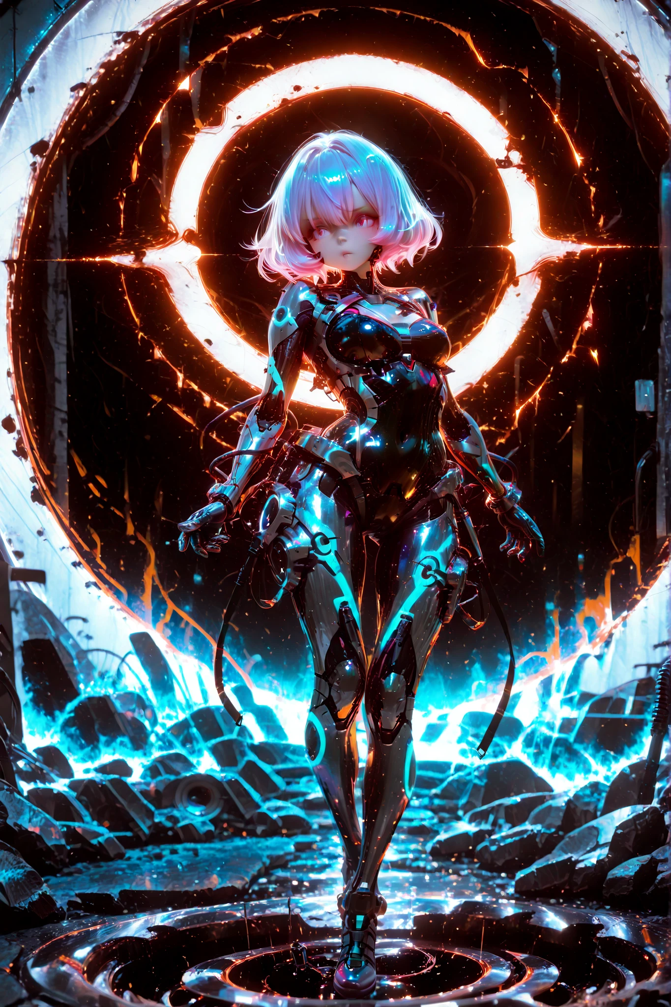 lolly girl, Cyborg , anime image, detailed drawing, amazing quality, HDR,UHD,careful detail, perfect detail ,professional photography,bright rich colors,deep sharpness,sharp focus,photorealistic text, full length view, black hole in the background, костюм Cyborgа