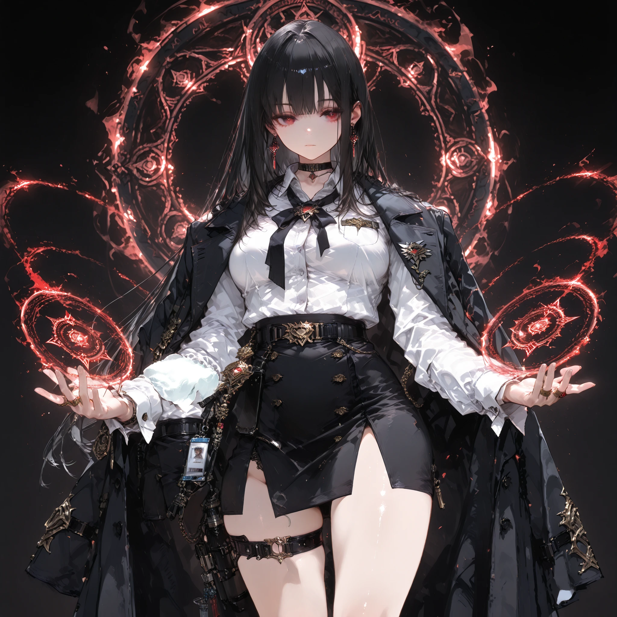 ((best quality)), ((masterpieces)), (detailed), Perfect face, SOLO, ((1 girl)), ANIME, beautiful detailed eyes, long hair, long straight hair, black hair, RED EYES, BARE thighs, (((BARE LEG))), ((black office skirt)), (((dress shirt))), ((Medium Breasts)), Choker, (thigh strap), ((black general's uniform coat draped over the shoulders)), expressionless, earring, (buckle), ((Tuck in the shirt)), (Spell Rings), short office skirt, magic circle, no background