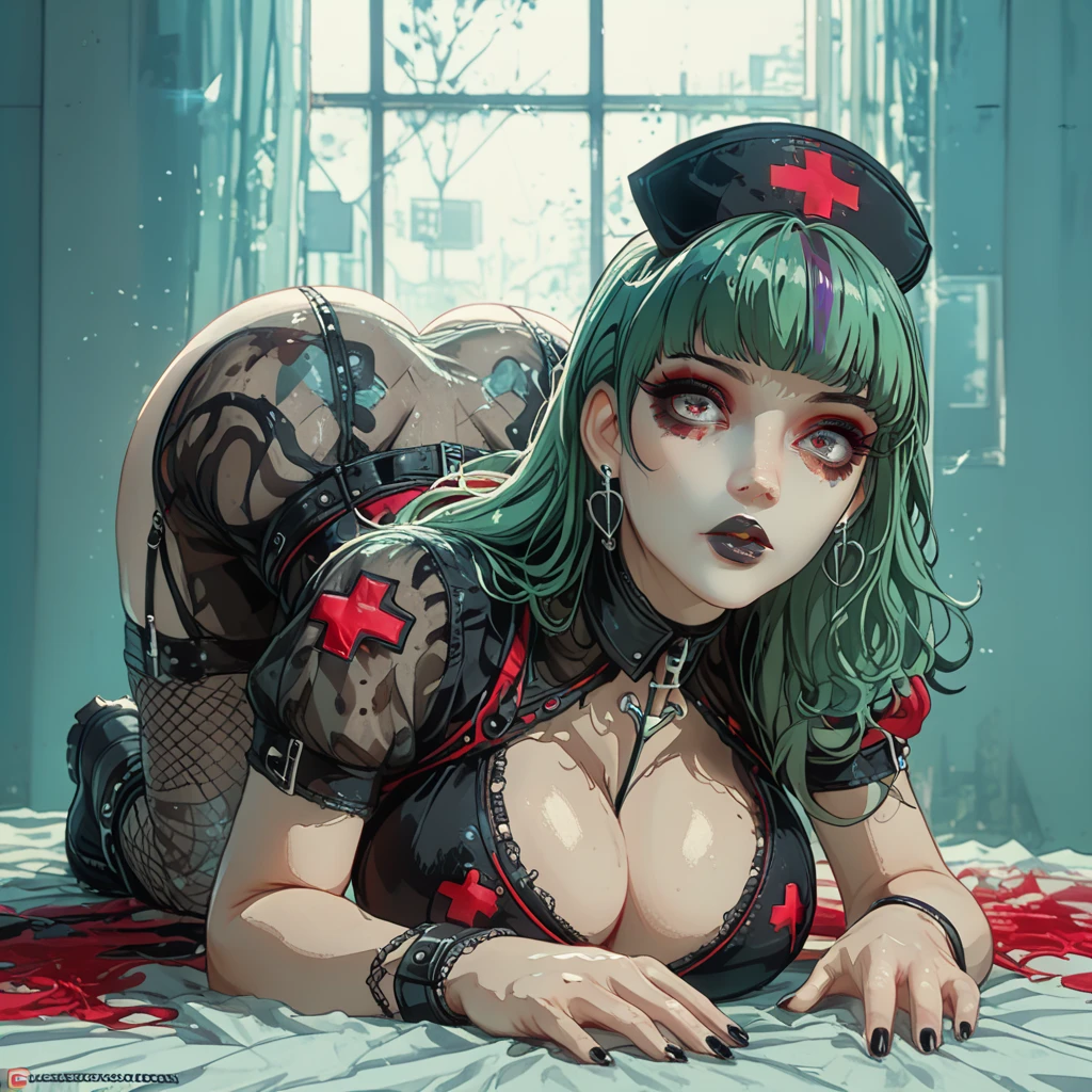 Obra de arte, realista, Illustration of a cute zombie nurse, com cabelo comprido, olhos verdes, pale skin lying in front of an abandoned hospital