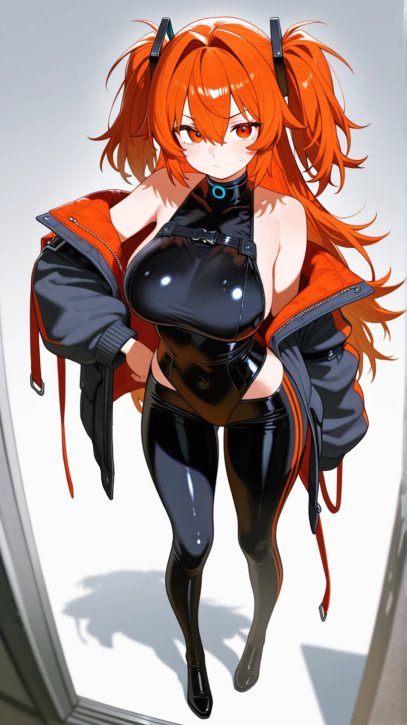 Erotic,Persona 4 Mitsuru、Orange long wavy hair、Curly Hair、 Big Breasts、White open duffle coat,Navy blue latex catsuit、Female Spy、Black Background、Dimly lit bedroom , Evil、 Erotic Sneer、Lightly open your mouth、Upper Body
