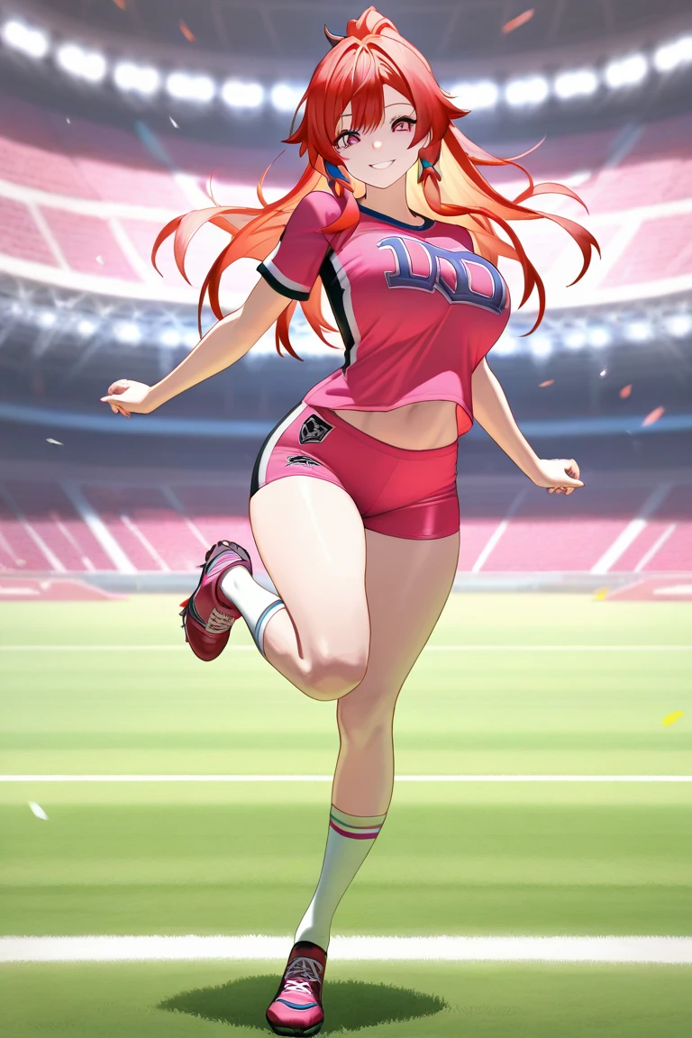 Hong Meiling, Red hair, green hat, blue eyes,1girls, running, name tag, streaked hair, basketball, sneakers, clothes writing, sportswear, breasts, open mouth, shoes, bike shorts,large breast,
