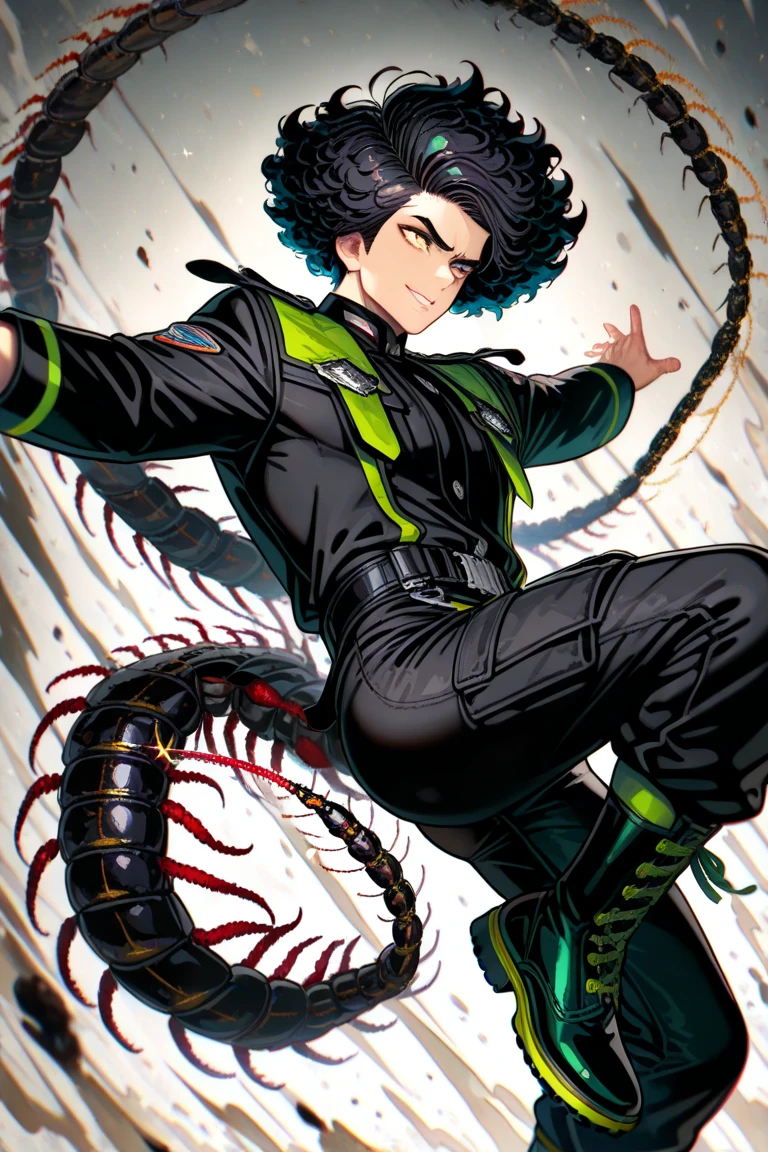 Male with black hair and green snake type eyes, sharp teeth, smiling, holding a gun, wearing stuff a bounty hunter would