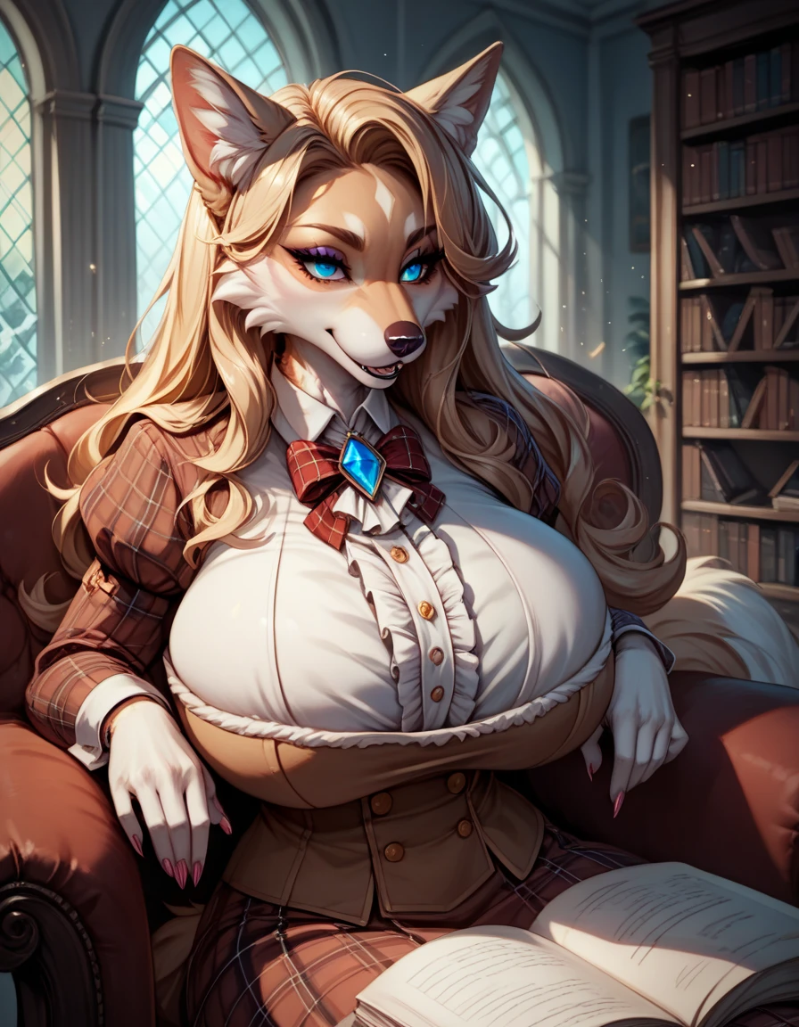 score_9, score_8_up, score_7_up, score_6_up, score_5_up, score_4_up, (solo), female anthro snow leopard,  blazer, blue jacket,cleavage, decolletage,bra,(breast focus),long sleeves, plaid skirt, brown skirt, black thighhighs, lusty, fluffy body, long blond hair, turquoise eyes, (thick thighs:1.5)((( offering the breasts))) sex partial clothes, (((cleavage))) semi-butonned uniform niform, (barely_visible_booba) (she is sitting) , giant breasts, garter belt tights 