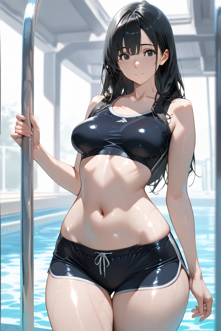 the bulletbillzette , and a girl with dark skin, athletic body, huge breasts, long black hair, straight bangs, crimson red eyes, wears a short tank top, showing off her abs, holding a bottle of water, with the other hand on her waist , standing, 1 girl, perfect anatomy, pretty face, perfect hands, no extra arms or legs, 4k resolution, simple background.