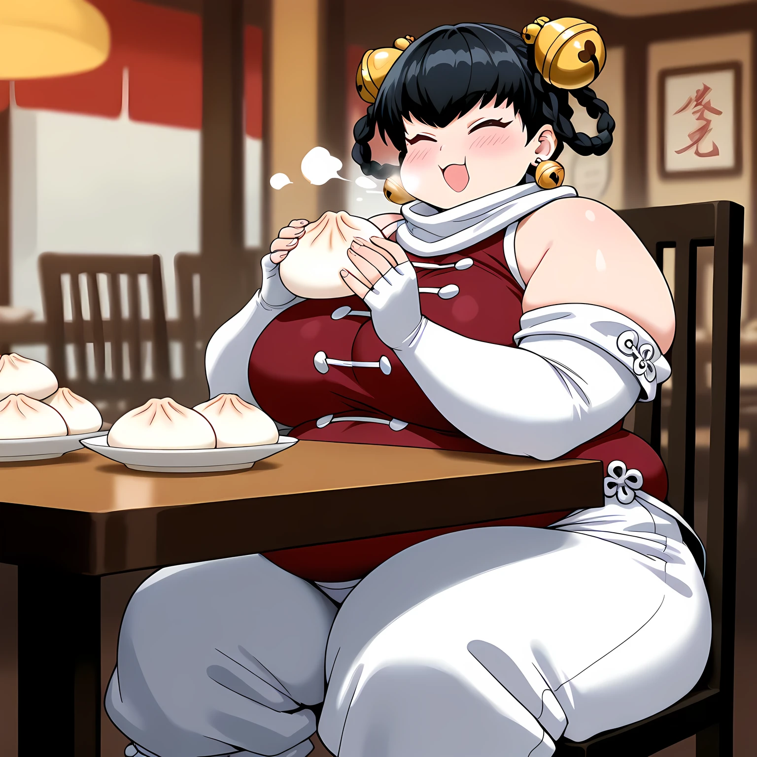 masterpiece, best quality, 1girl, solo opmll, black hair, short hair, hair rings, twin braids, hair bell, earrings, white scarf, red shirt, sleeveless shirt, detached sleeves, elbow gloves, fingerless gloves, white pants, baggy pants, (large breasts:0.7), sitting, chair, table, plate, baozi, holding baozi, happy, closed eyes, puffy cheeks, restaurant, blush, smile fat, chubby, obese, gigantic arms and legs, large breasts open mouth, out of breath