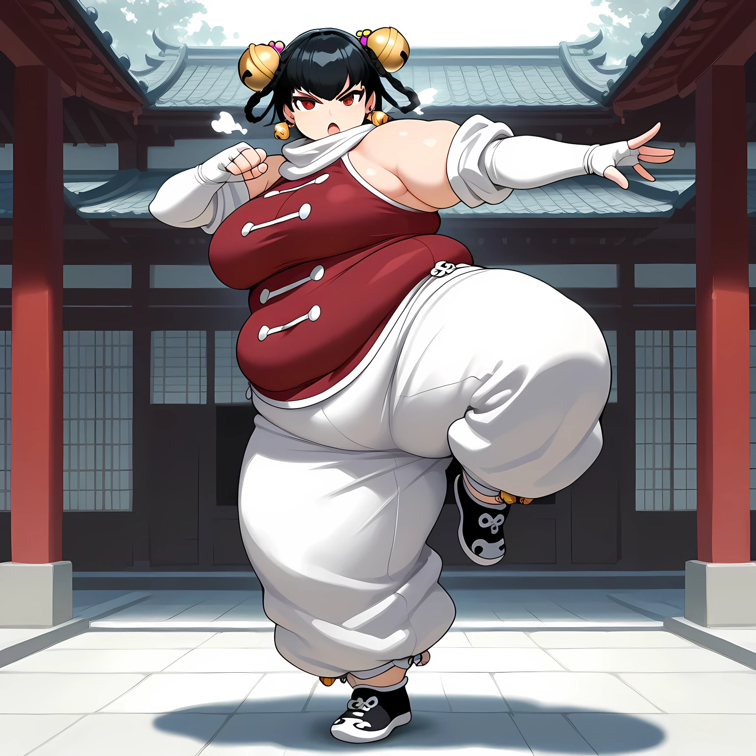 lei kugo live a live, qipao, chinese clothes, traditional clothes, action pose, full body plus, brown hair, braided hair, scars on face, martial arts, action pose,lei kugo, live a live, (1 fat girl), medium breasts, ((red chinese clothes)), wanderer, traditional clothes, fighter clothes, gauntlets, elbow gloves, fingerless gloves, stockings, full body plus,(( brown hair)), ponytail, braided hair, (((scars on face)) , hourglass figure, fat female, clean face, human head, human proportion, good proportion, normal body shape, action pose, martial arts, kung fu, background, mountain, imperial chinese,