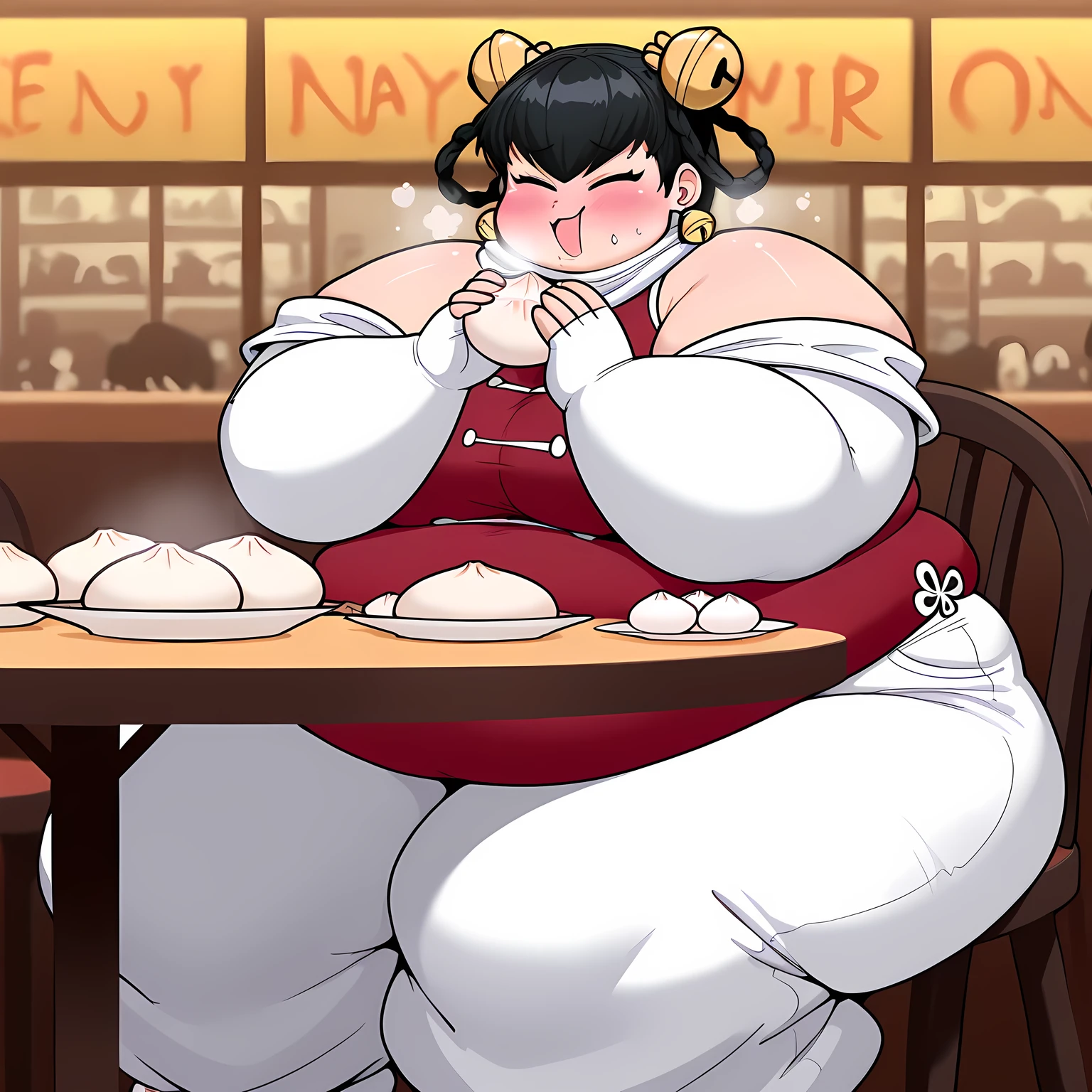 masterpiece, best quality, 1girl, solo opmll, black hair, short hair, hair rings, twin braids, hair bell, earrings, white scarf, red shirt, sleeveless shirt, detached sleeves, elbow gloves, fingerless gloves, white pants, baggy pants, (large breasts:0.7), sitting, chair, table, plate, baozi, holding baozi, happy, closed eyes, puffy cheeks, restaurant, blush, smile fat, chubby, obese, gigantic arms and legs, large breasts open mouth, out of breath